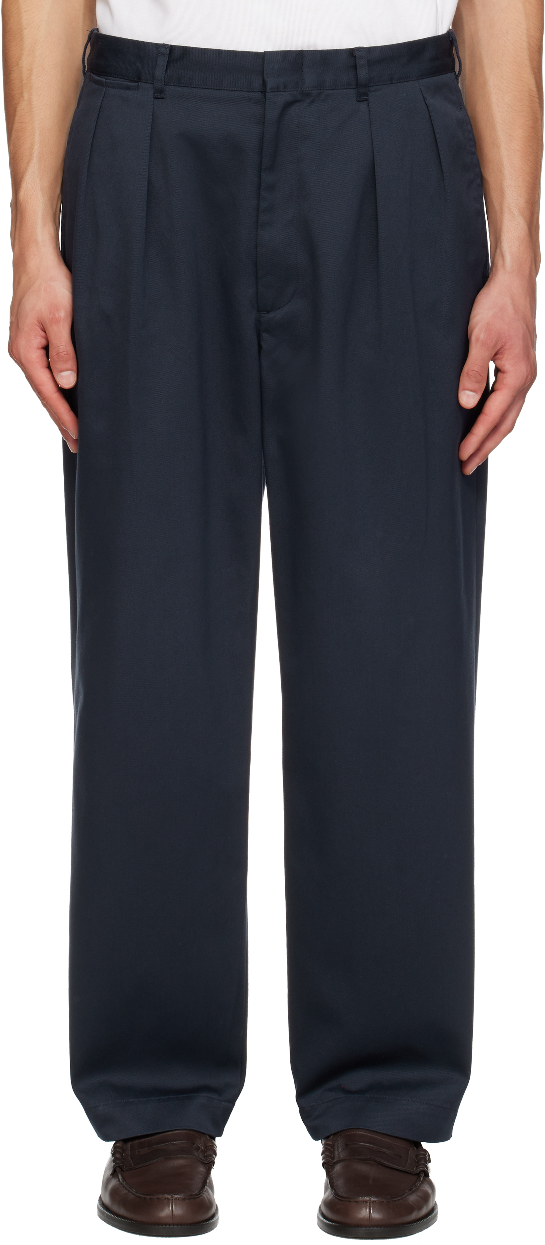 nanamica: Navy Double Pleated Chino Trousers | SSENSE Canada