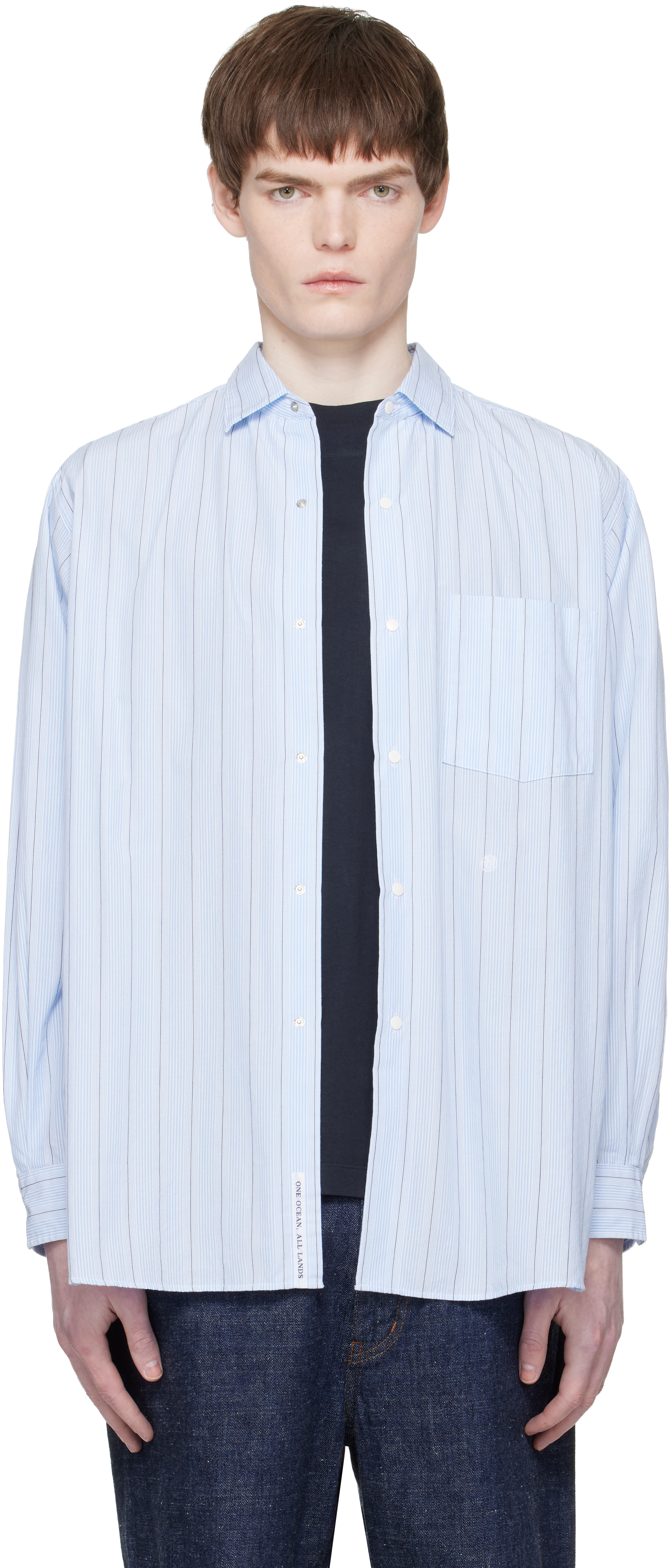 nanamica: Blue Regular Collar Stripe Wind Shirt | SSENSE Canada