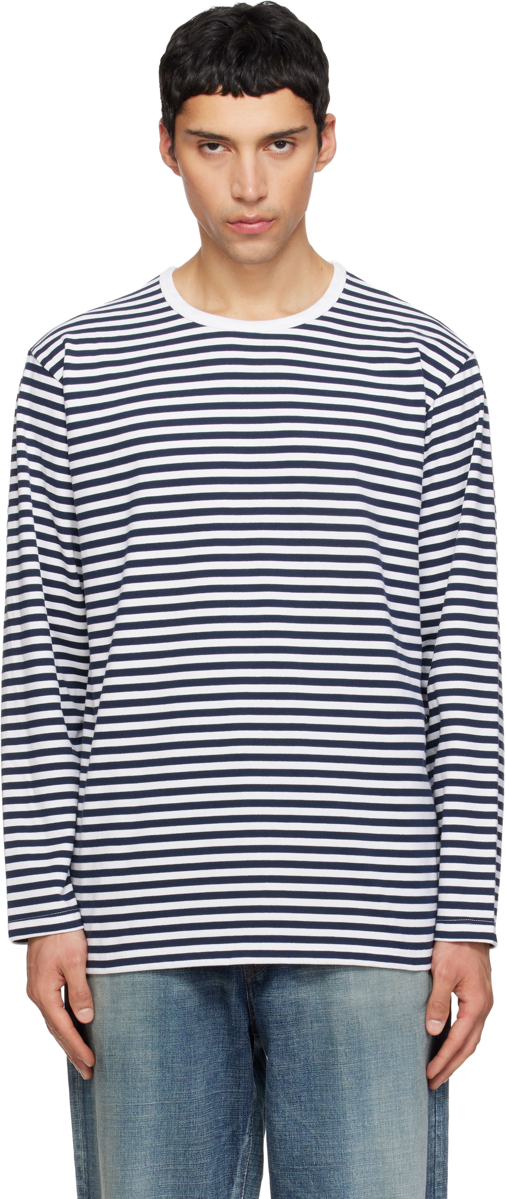 nanamica: Navy & White COOLMAX Stripe Jersey L/S T-shirt | SSENSE
