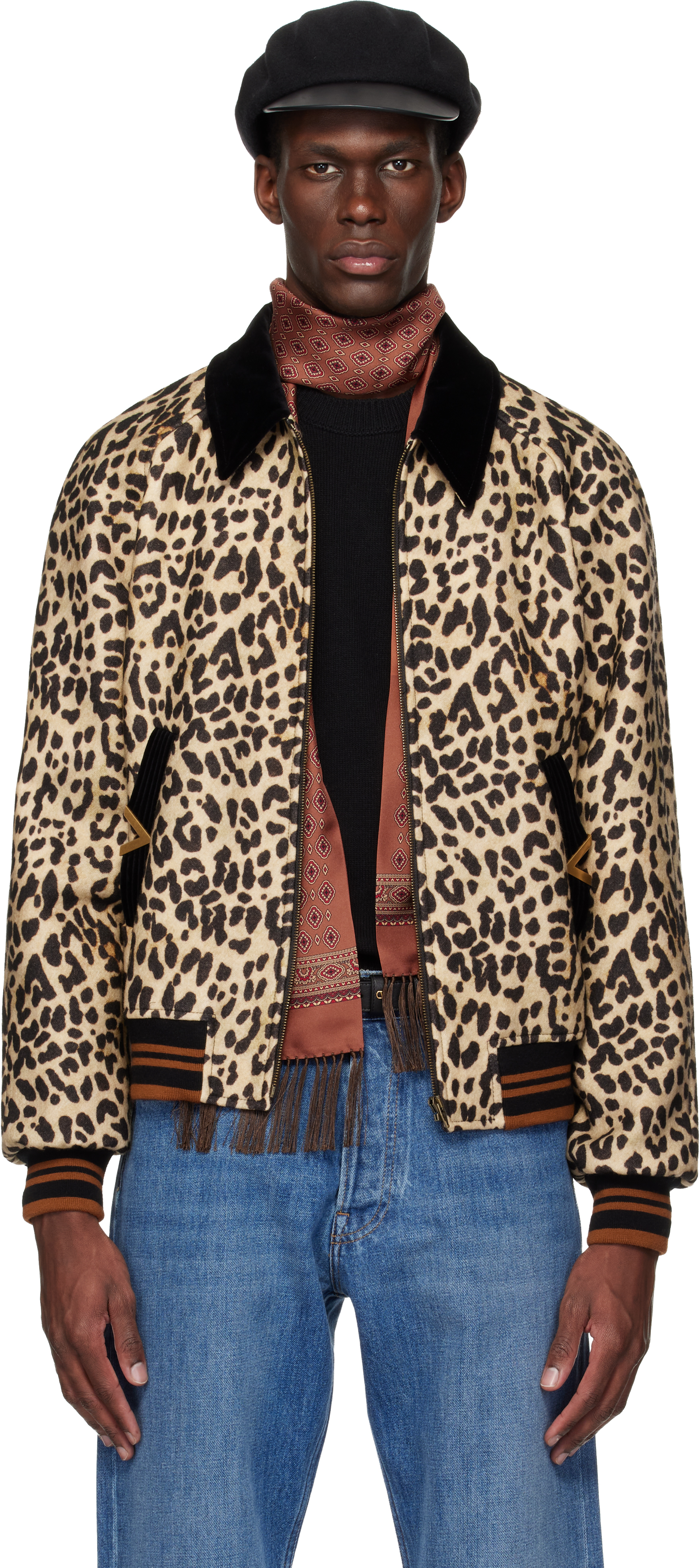 Valentino Beige & Black Wool Drape VGold Bomber Jacket