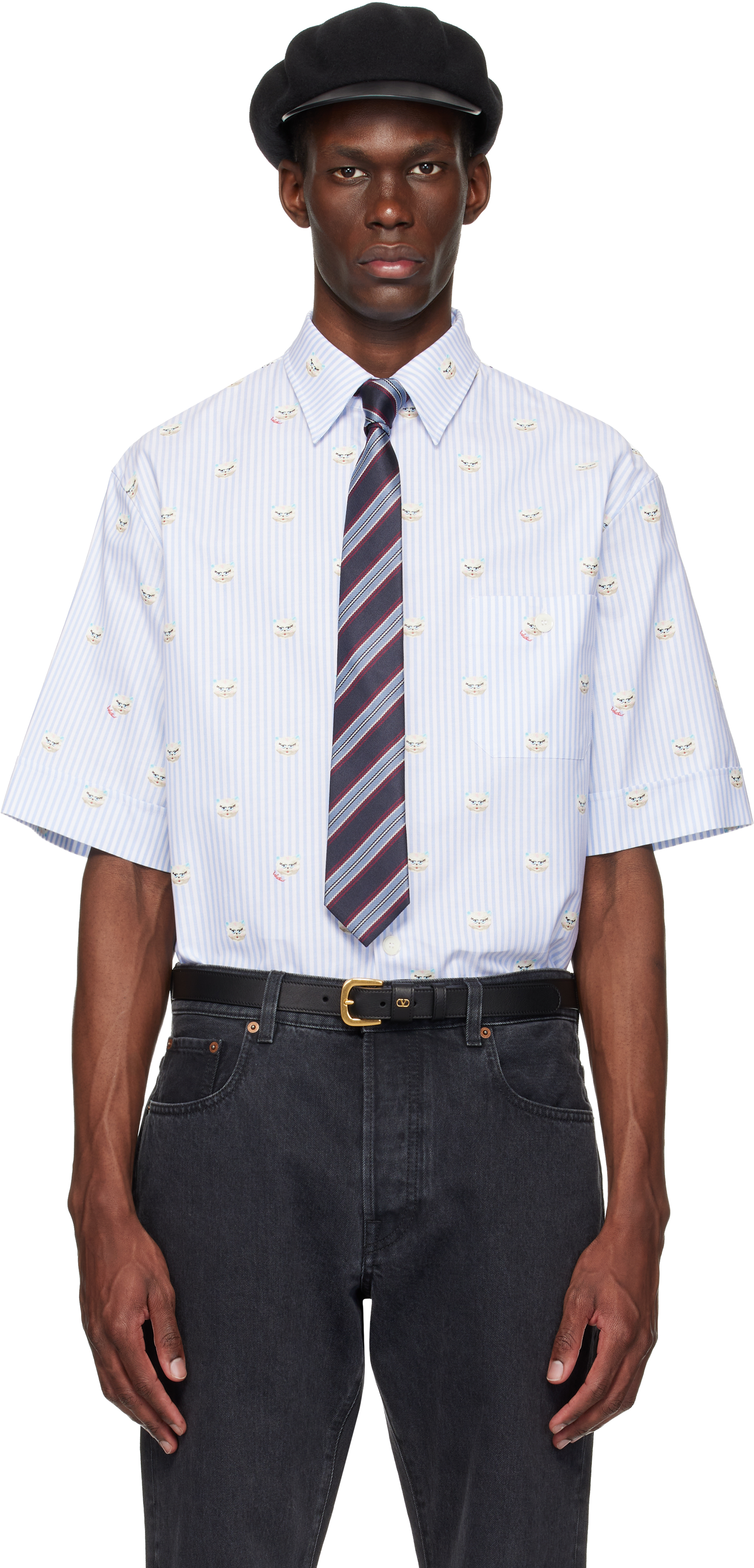 Blue Cotton Oxford 'Le Chat De La Maison' Shirt by Valentino on Sale