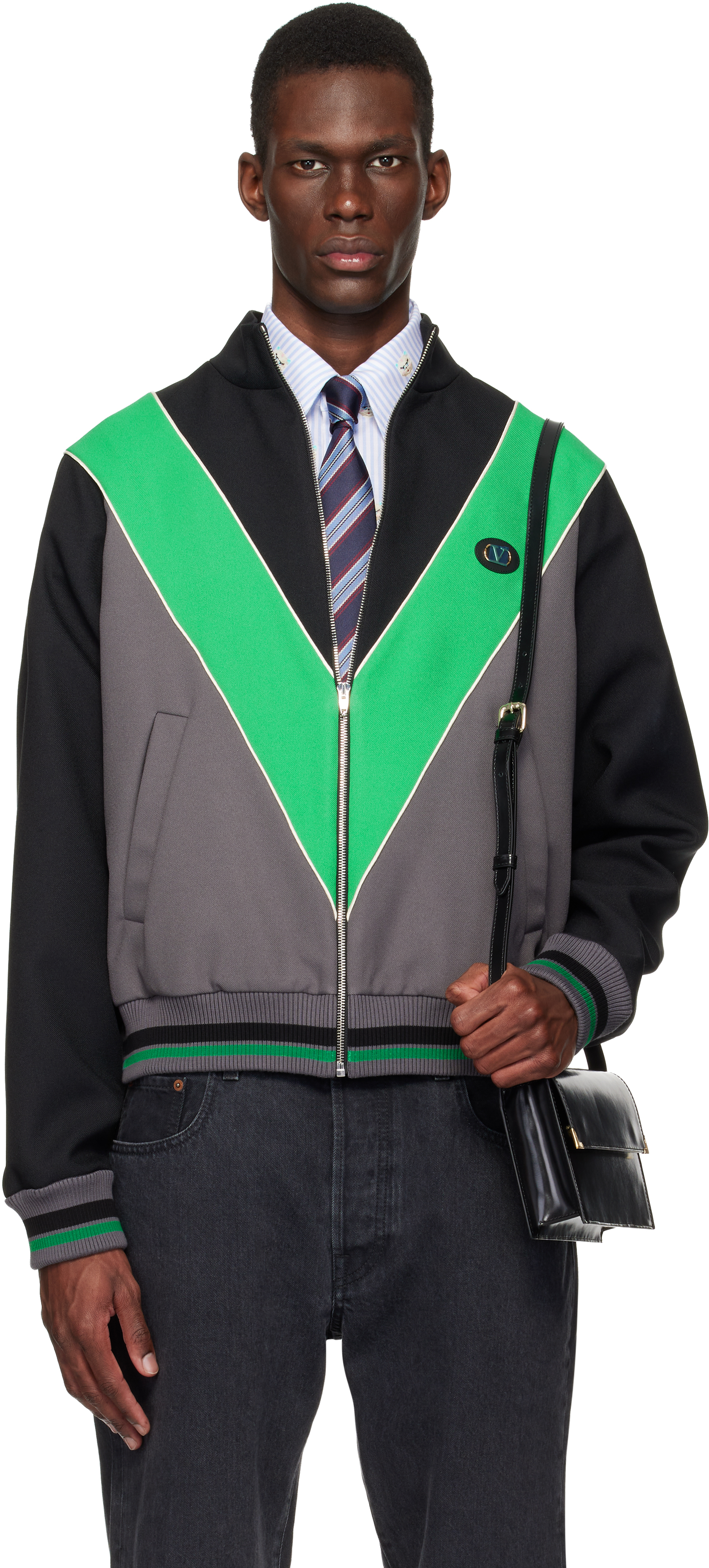 Valentino: Black & Green Inlaid V Track Jacket | SSENSE