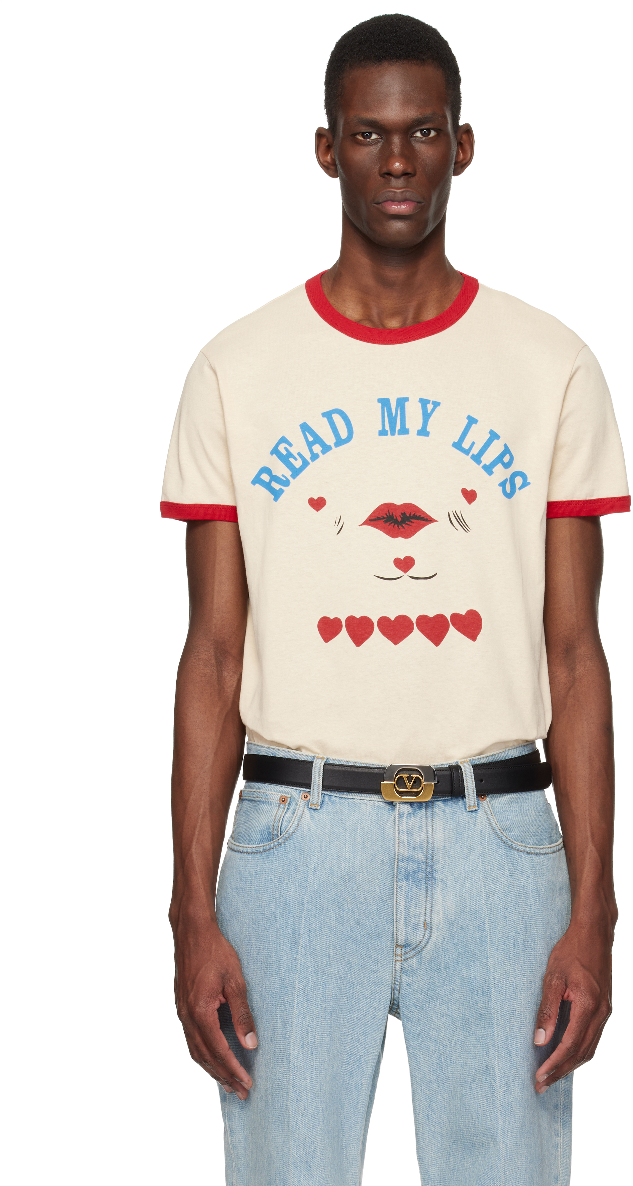 Valentino: オフホワイト 'Read My Lips' Print コットン Tシャツ