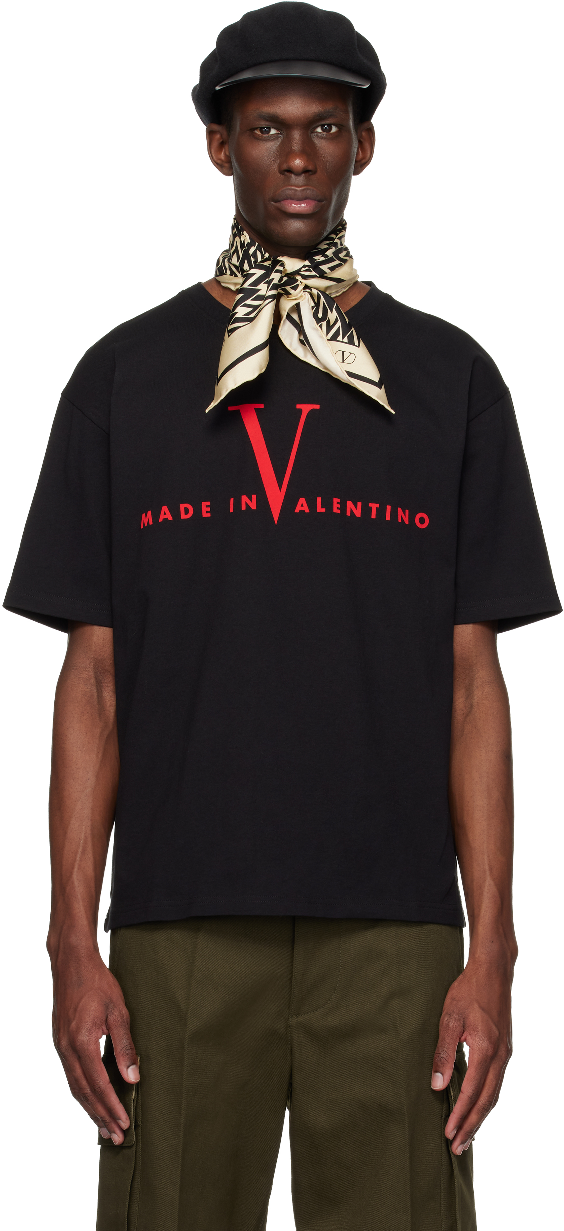 Valentino: ブラック 'Made in Valentino' Print コットン Tシャツ