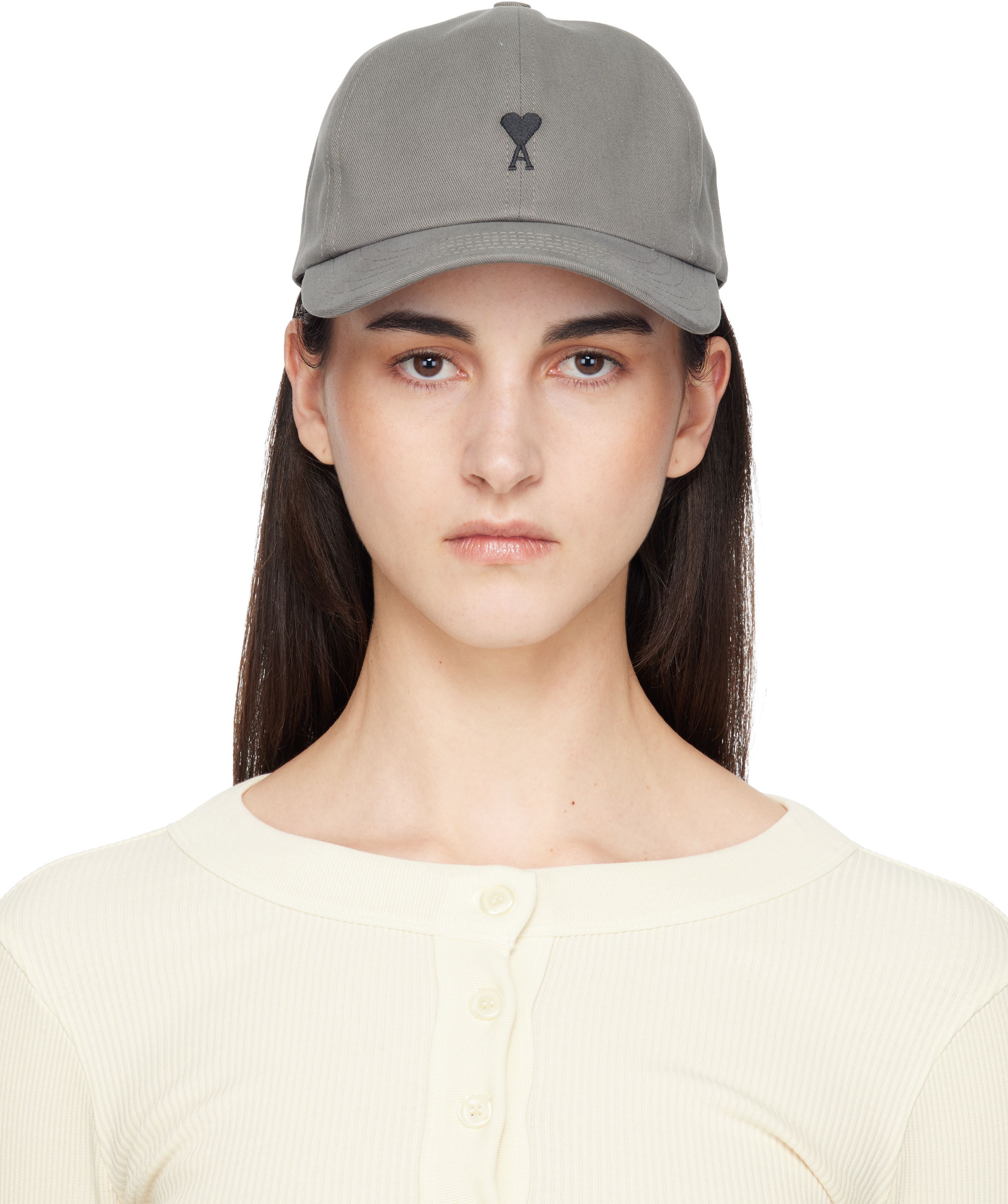 AMI Paris: Gray Cotton Ami de Coeur Embroidery Cap | SSENSE