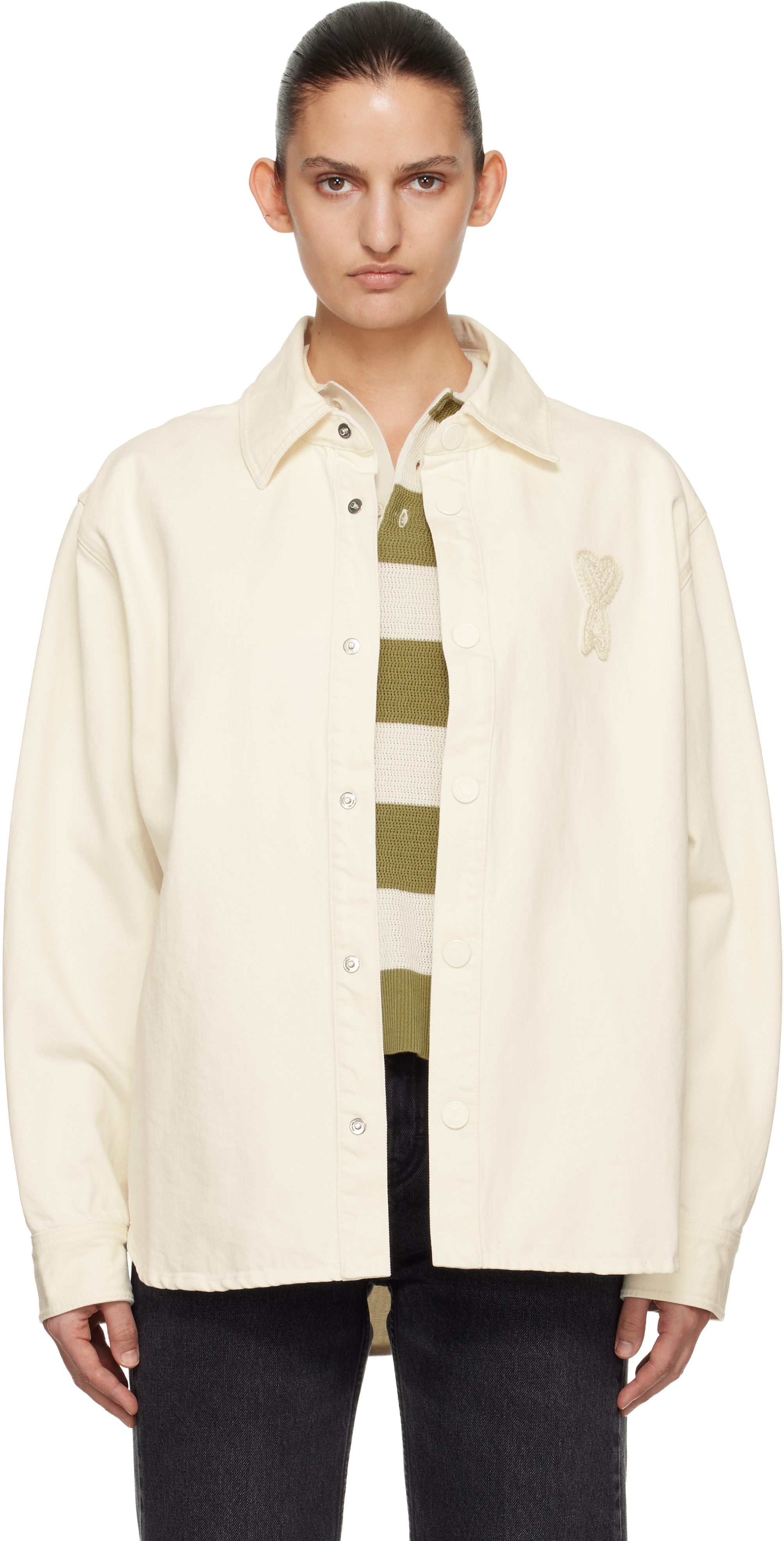 AMI Paris Off-White Cotton Knitted 'Ami de Coeur' Overshirt