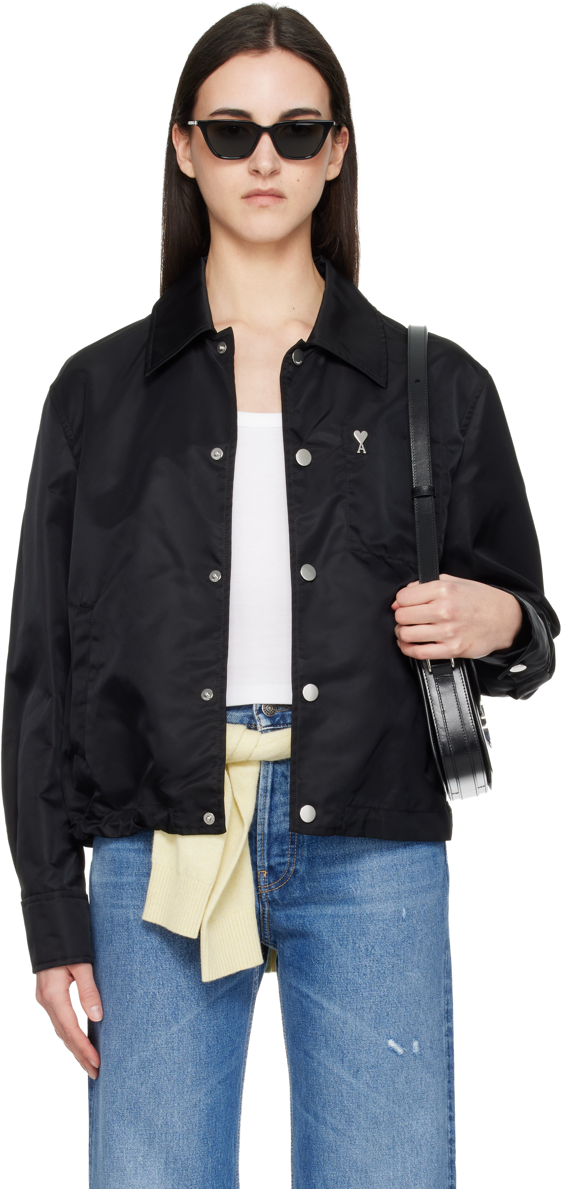 AMI Paris Black Nylon 'Ami De Coeur' Stud Buttoned Jacket