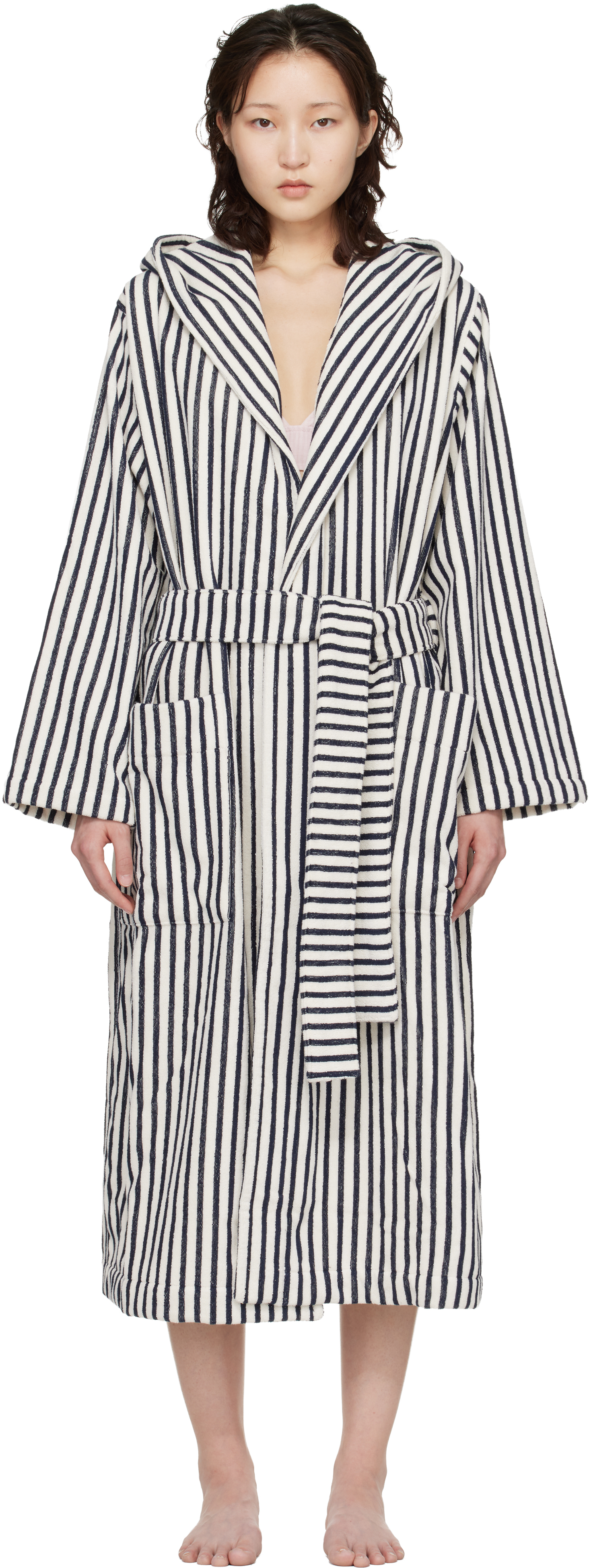 TEKLA テリーバスローブ White & Navy Terry Hooded Bathrobe by Tekla on Sale