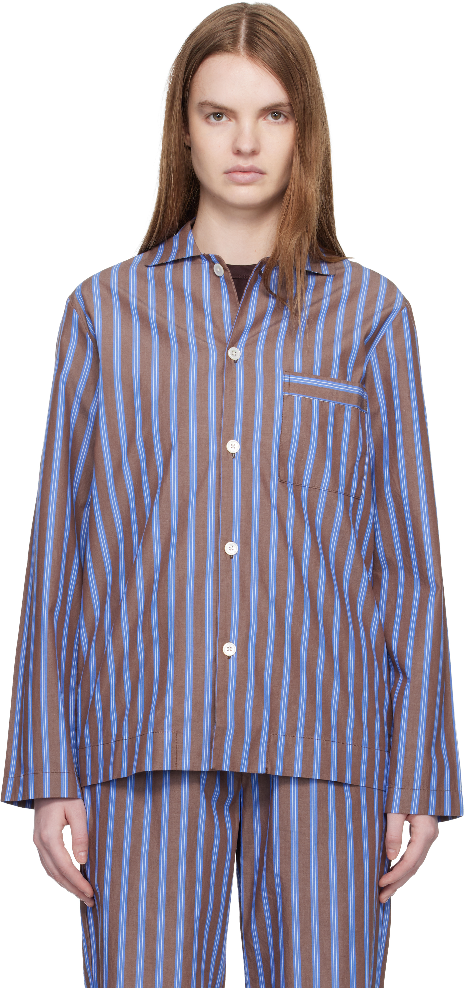 Tekla Brown & Blue Poplin Long-sleeved Pyjama Shirt