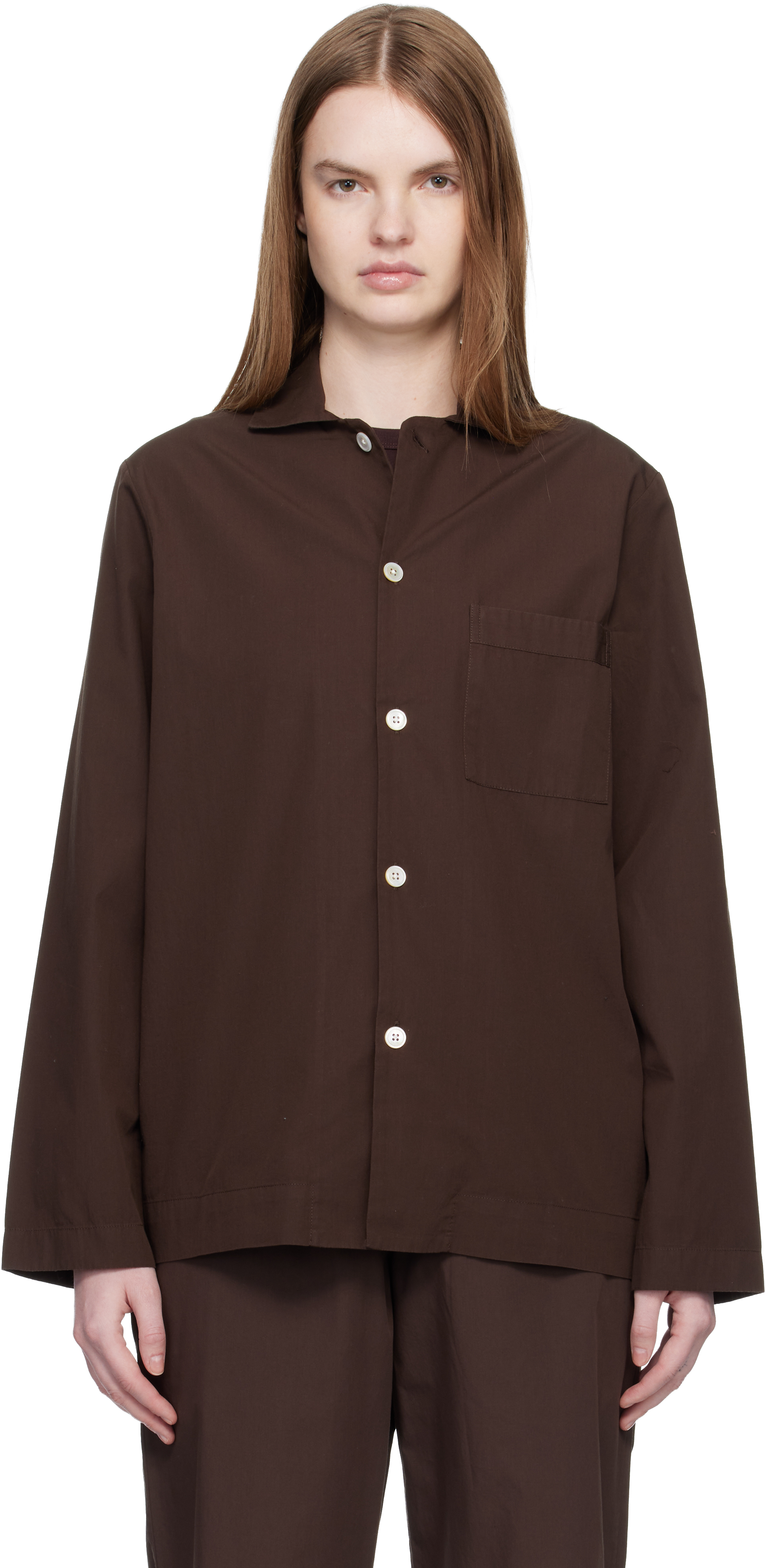 Brown Poplin Long-Sleeved Pyjama Shirt by Tekla on Sale