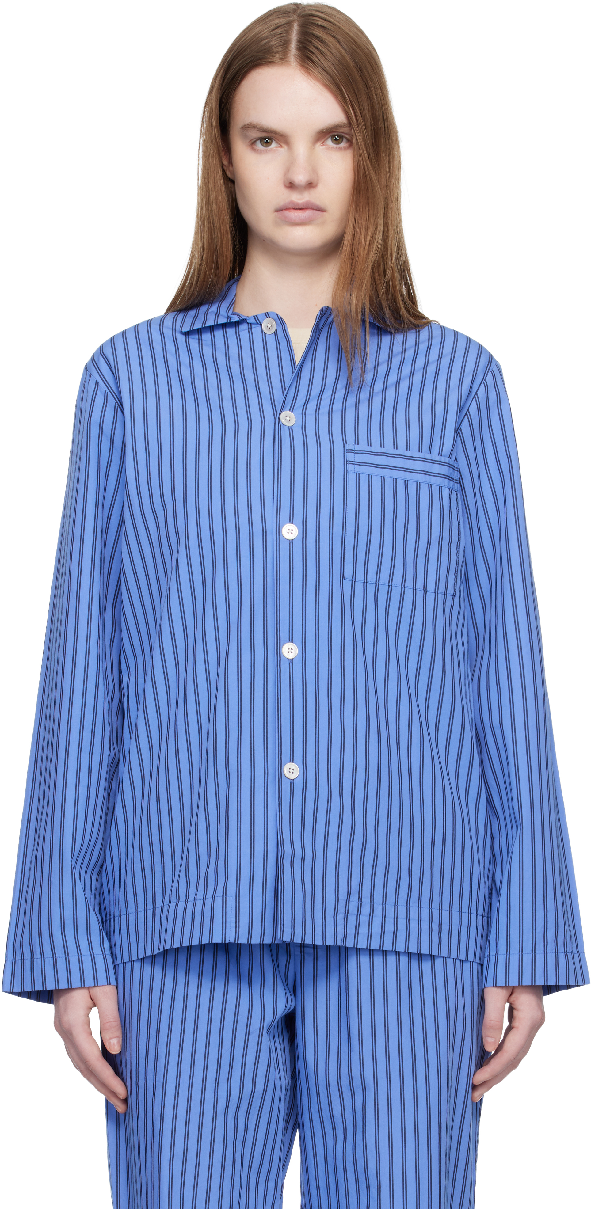 Blue Poplin Long-Sleeved Pyjama Shirt by Tekla on Sale