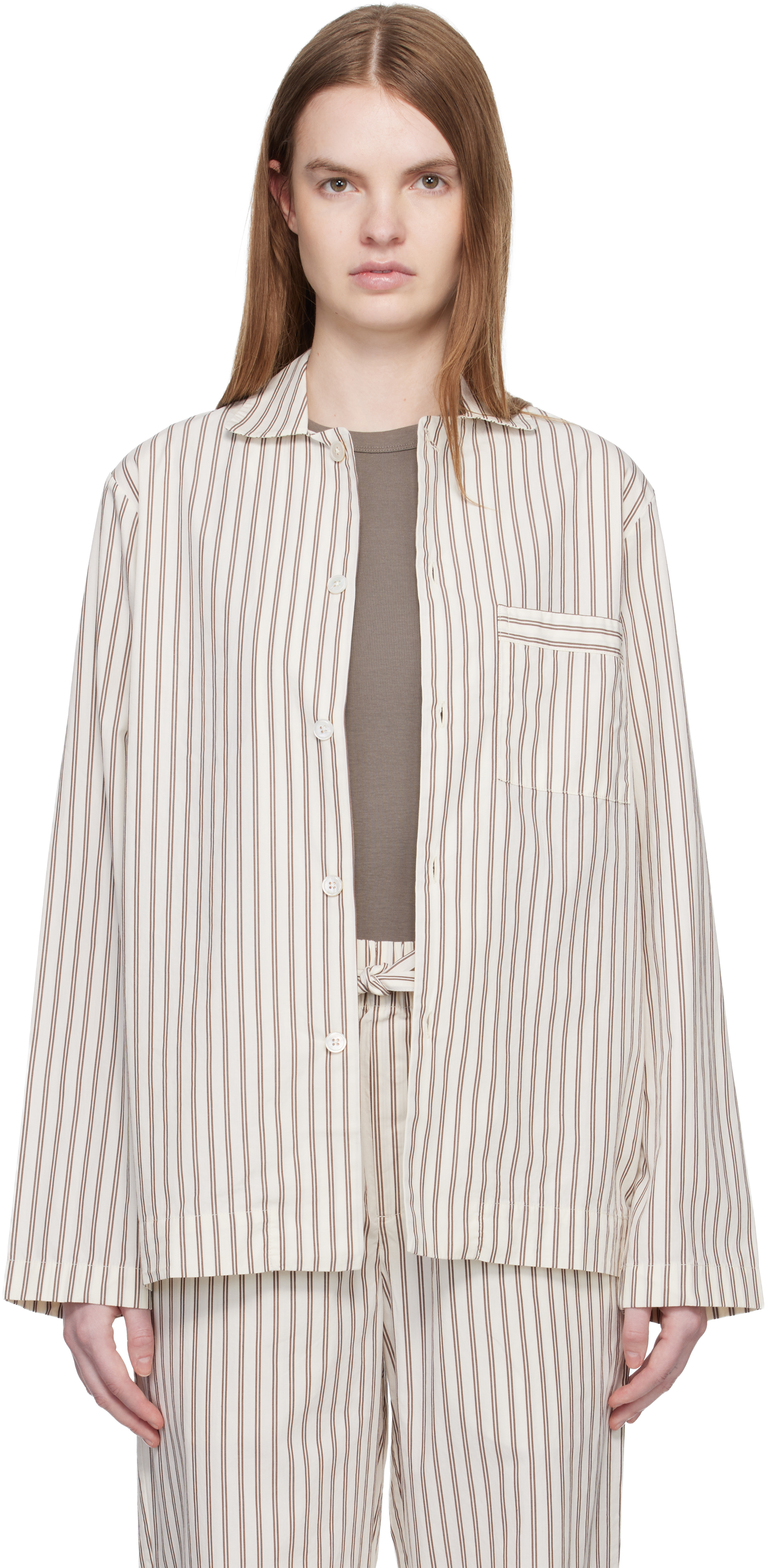 Tekla: オフホワイト＆ブラウン Poplin 長袖 パジャマシャツ | SSENSE 日本