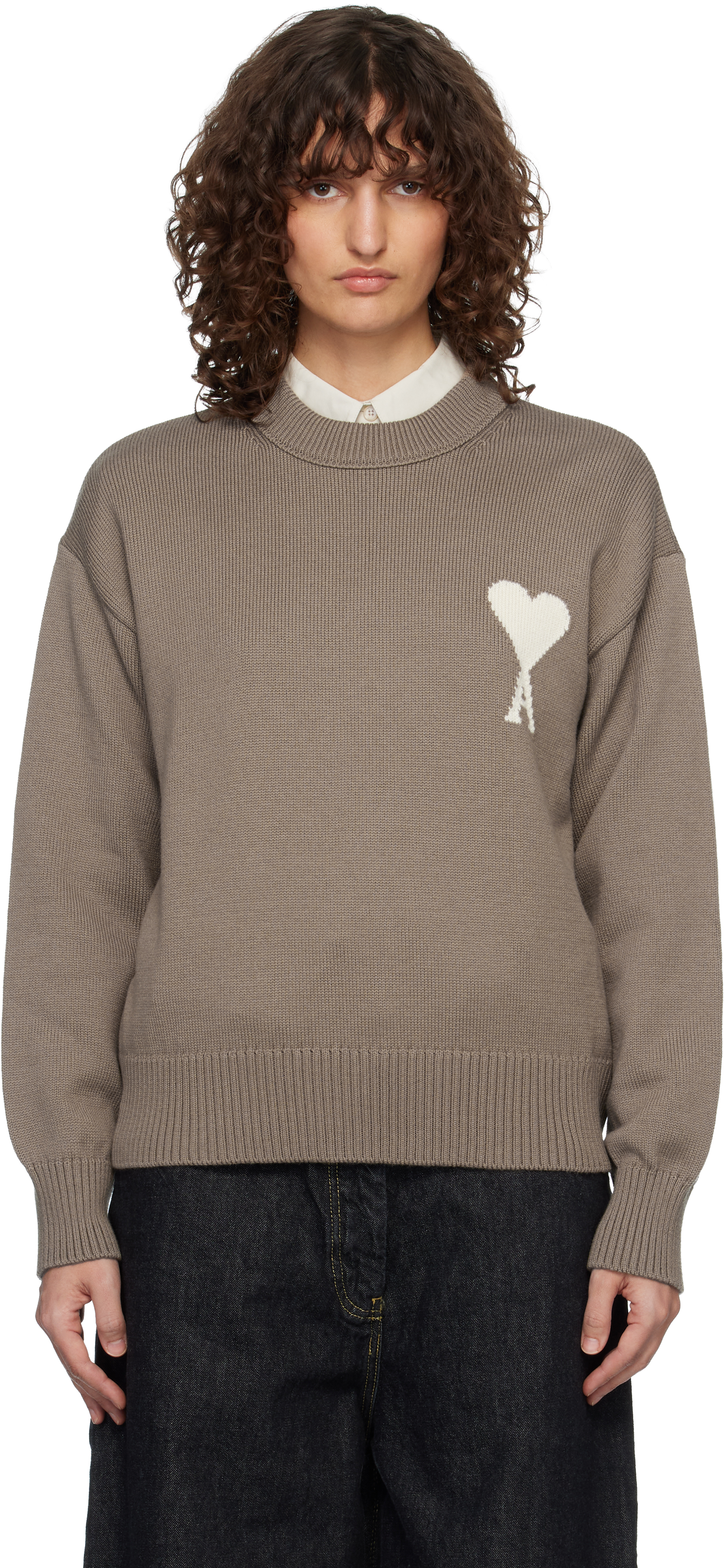 AMI Paris: Taupe Wool & Cotton Crewneck Ami de Coeur Sweater