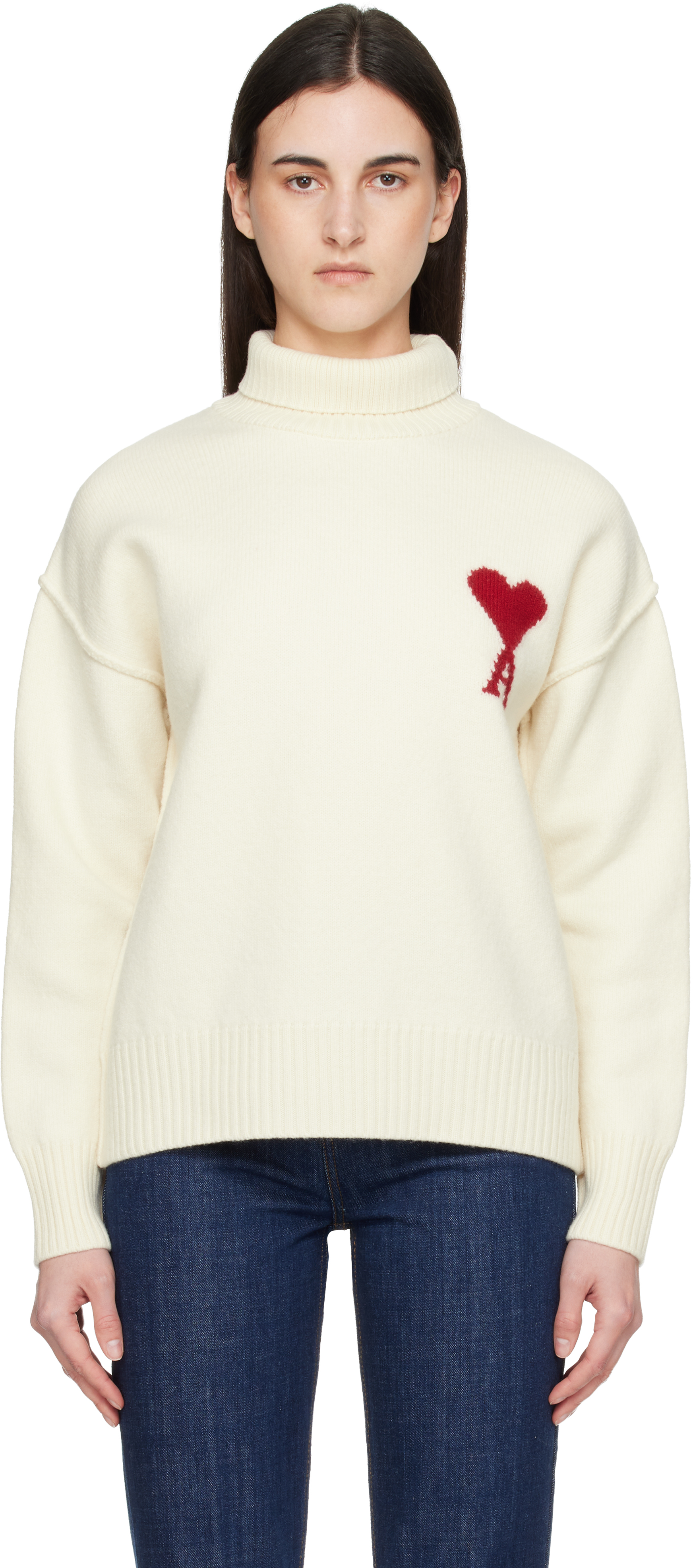 AMI Paris: Off-White Contrasted Ami de Coeur Funnel Neck Sweater