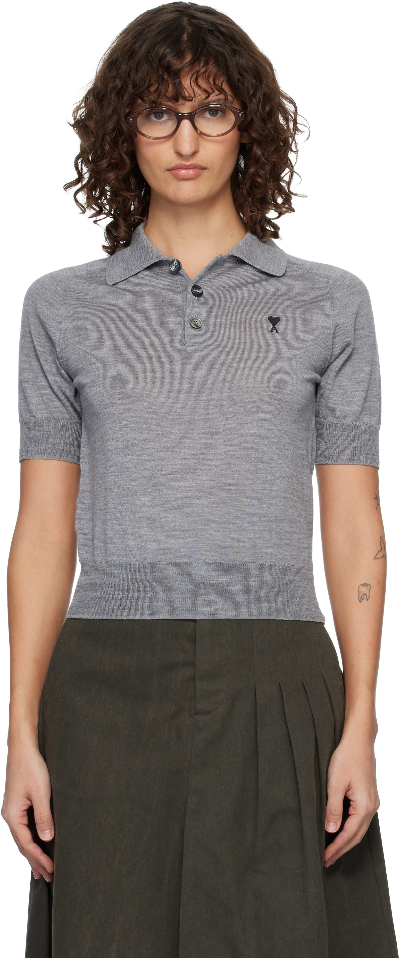 Gray Wool Short Sleeves Ami De Coeur Polo