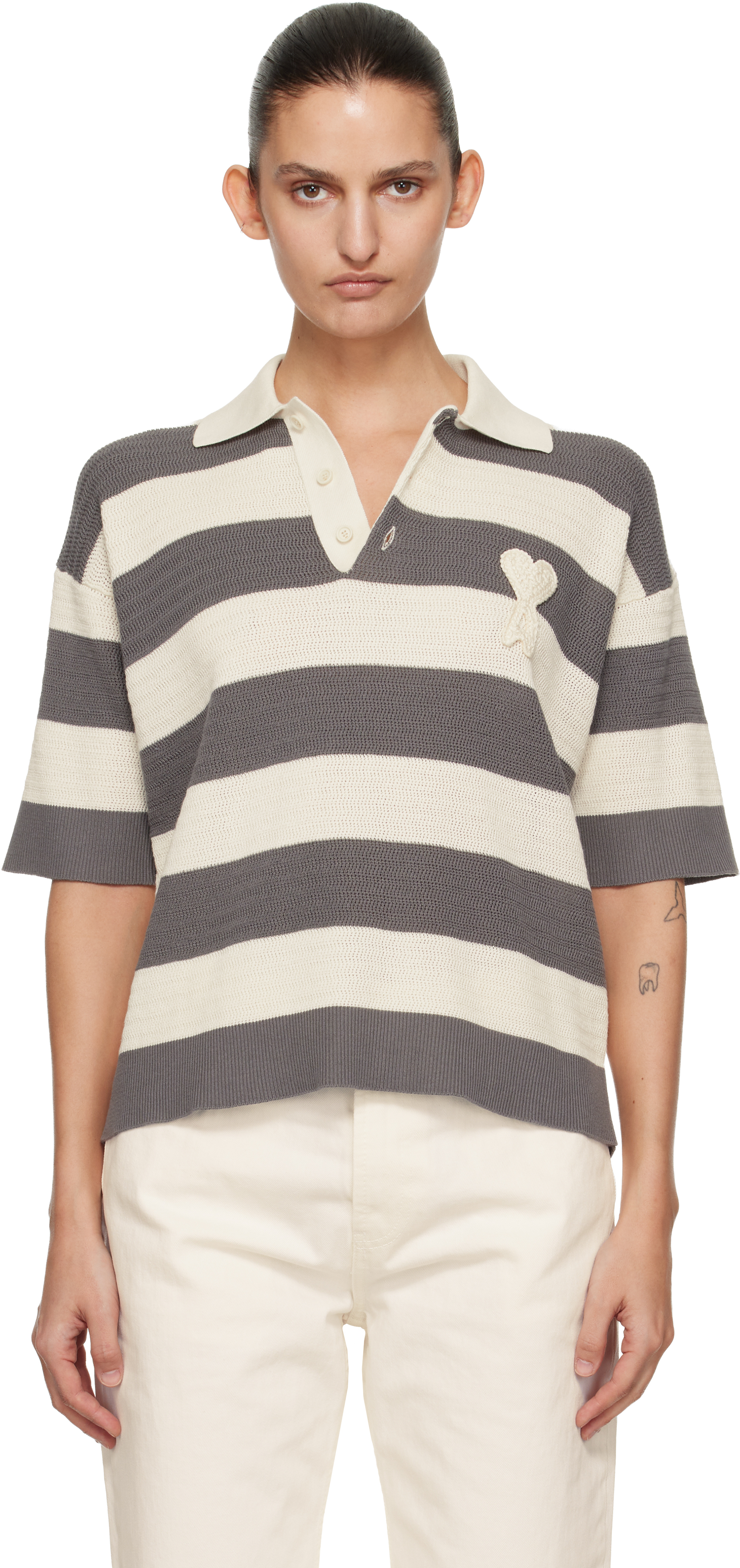 Off-White & Gray Short Sleeves 'Ami de Coeur' Polo