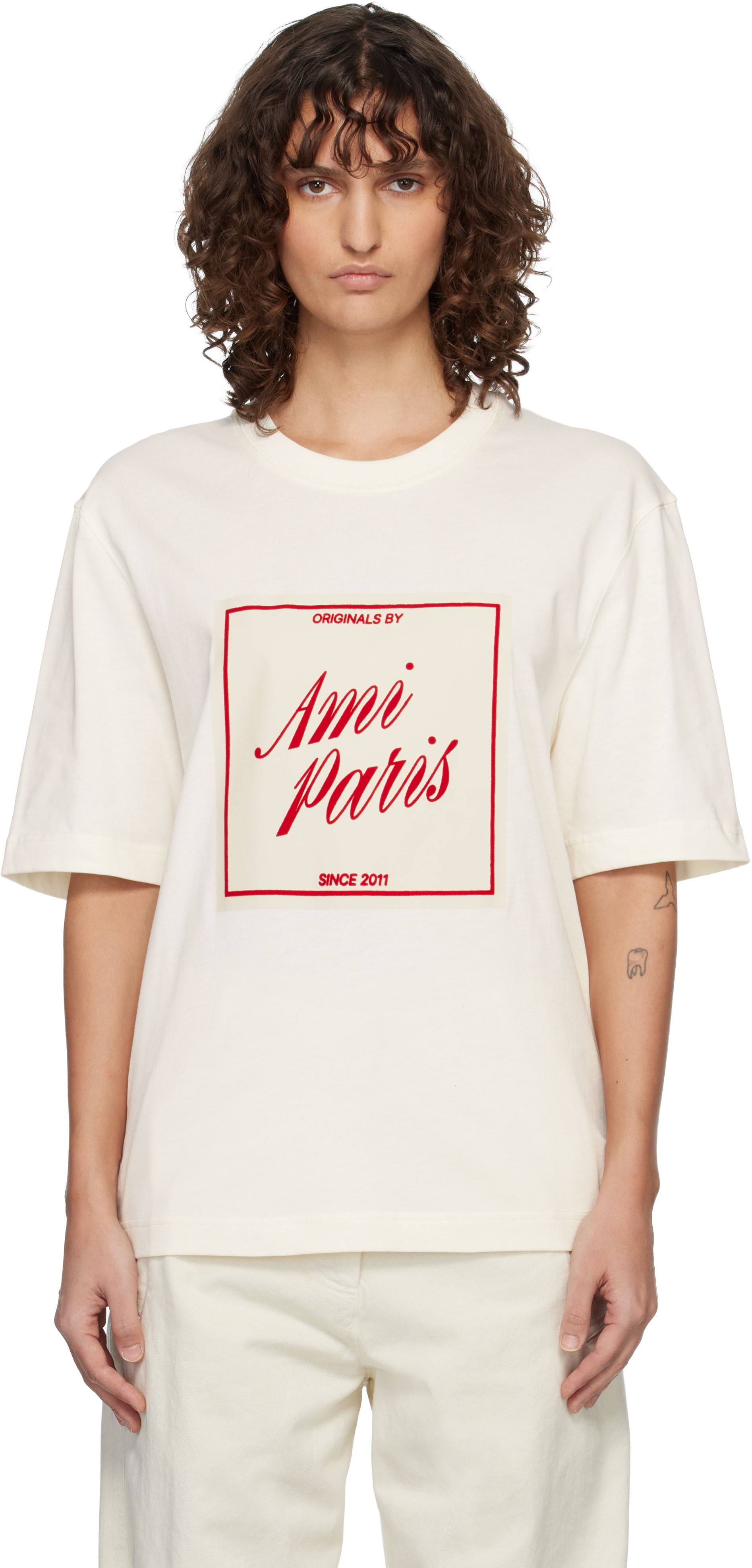 AMI Paris: Off-White Cotton 'Ami Paris Heritage' Print T-shirt