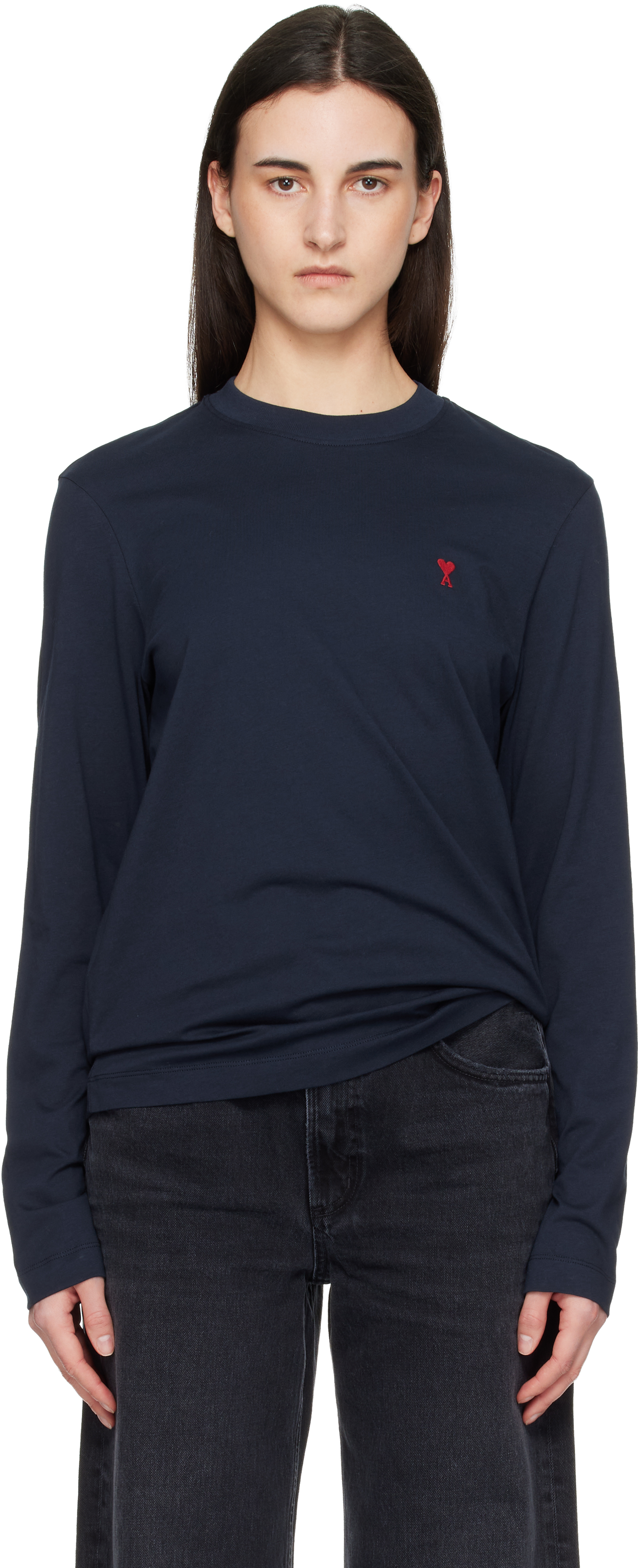Navy Cotton Ami de Coeur Long Sleeves T-shirt by AMI Paris on Sale