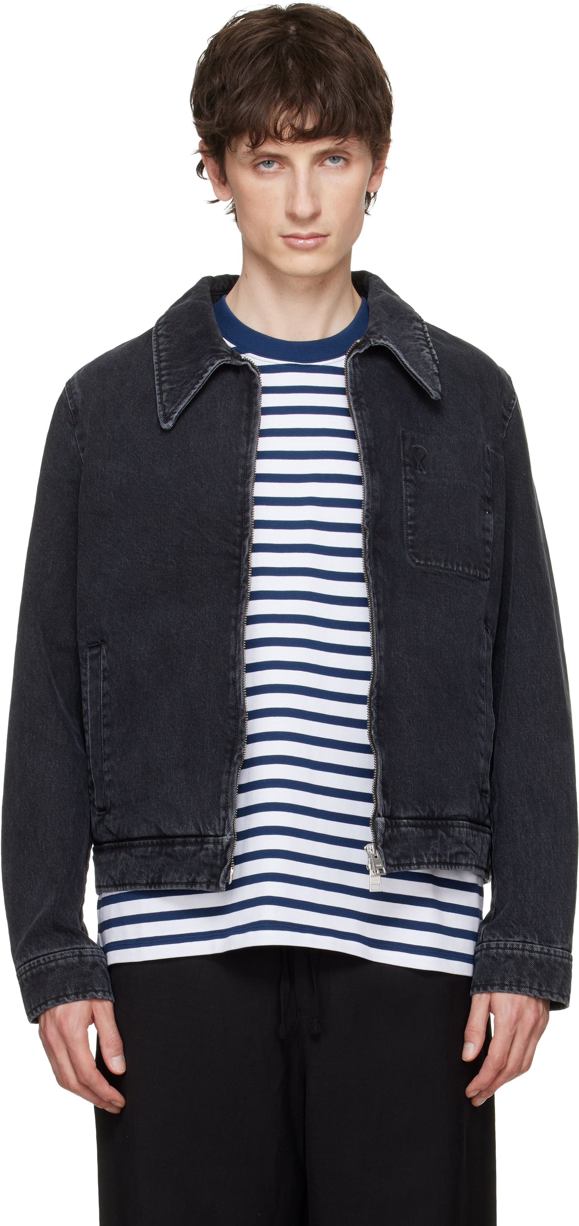 Black 'Tonal Ami de Coeur' Zipped Denim Jacket