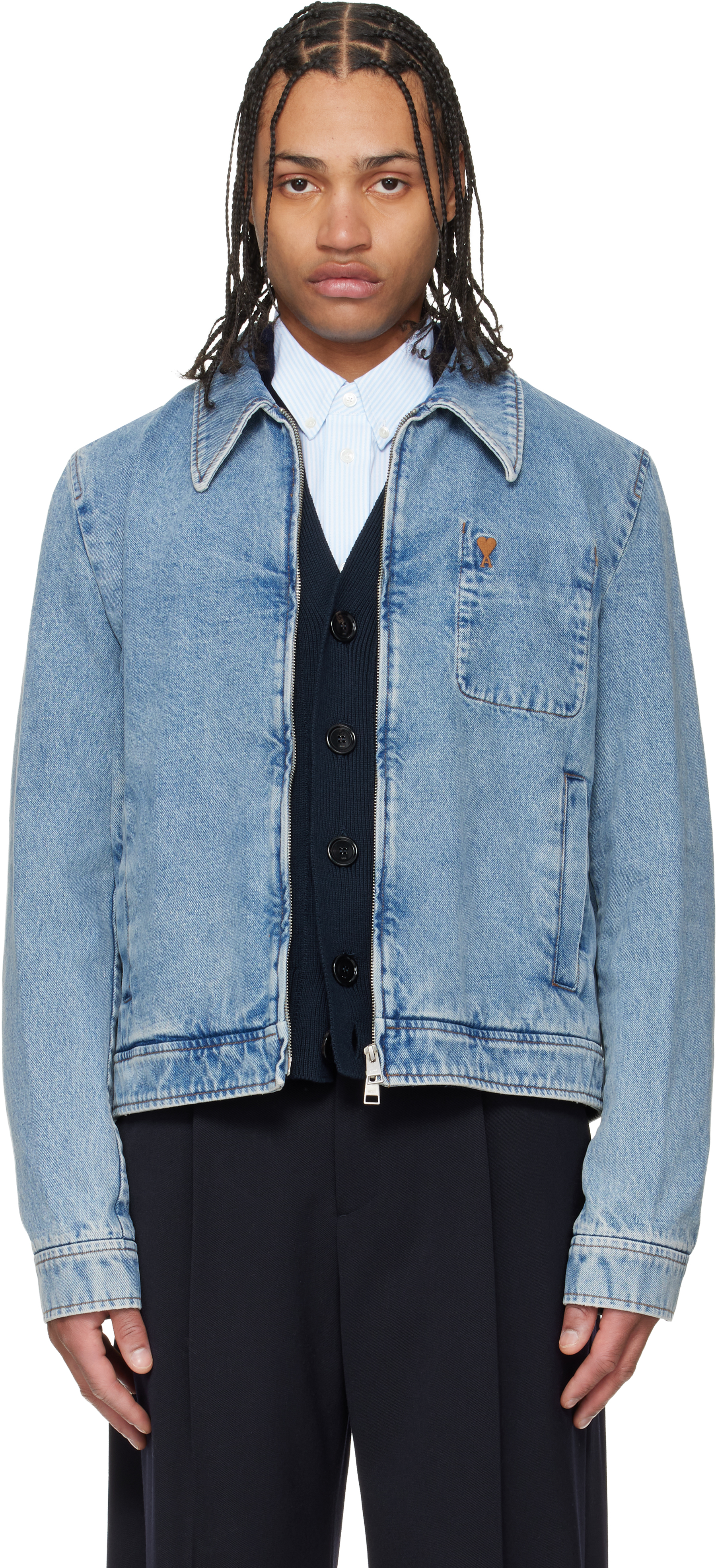 AMI Paris: Blue Cotton Contrasted 'Ami De Coeur' Denim Jacket | SSENSE