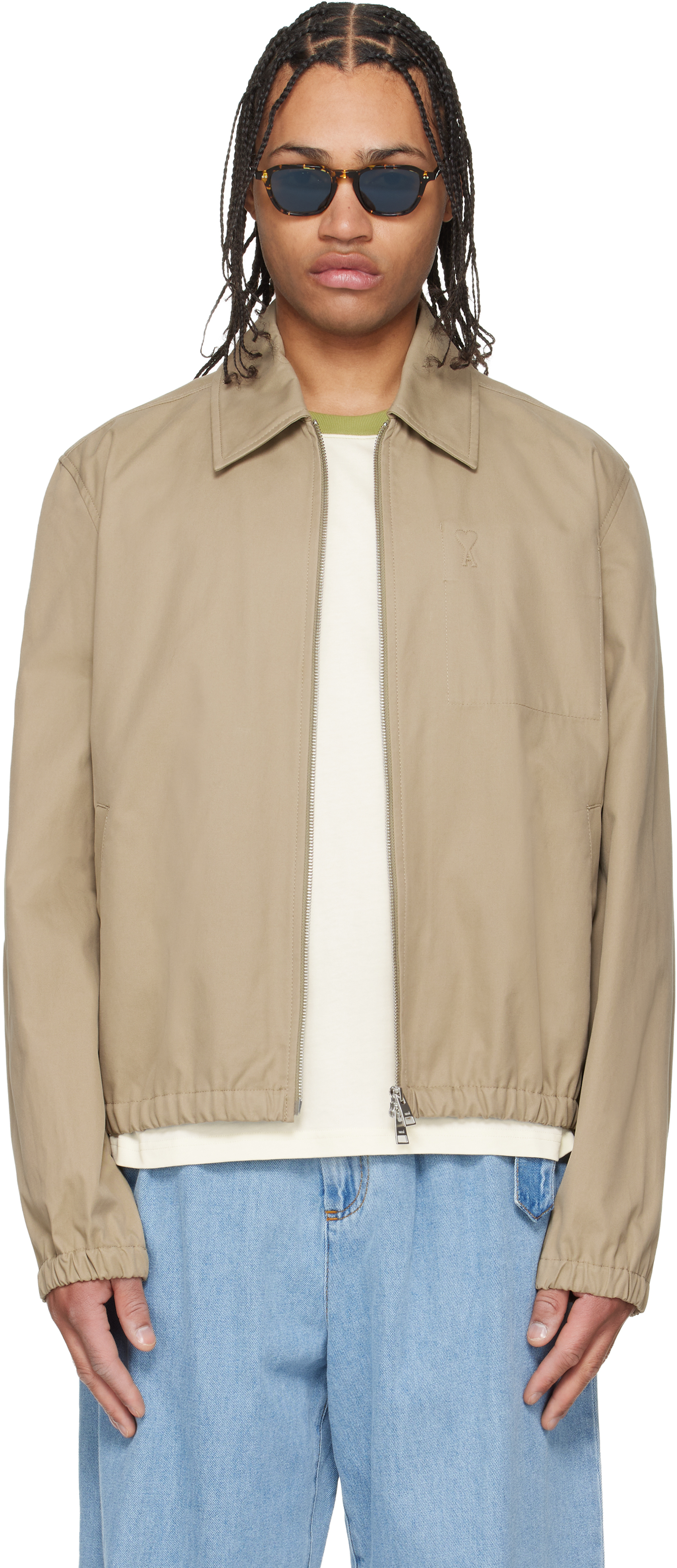 AMI Paris: Beige Cotton 'Ami De Coeur' Zipped Jacket | SSENSE