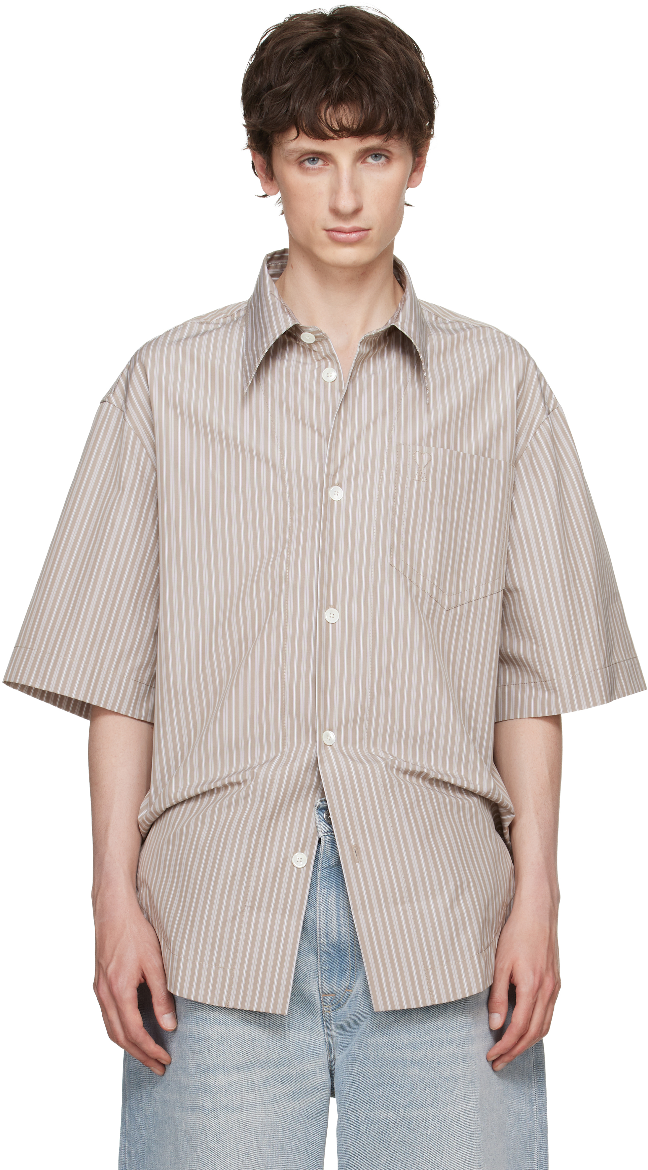 Beige Striped 'Ami de Coeur' Wide Shirt by AMI Paris on Sale