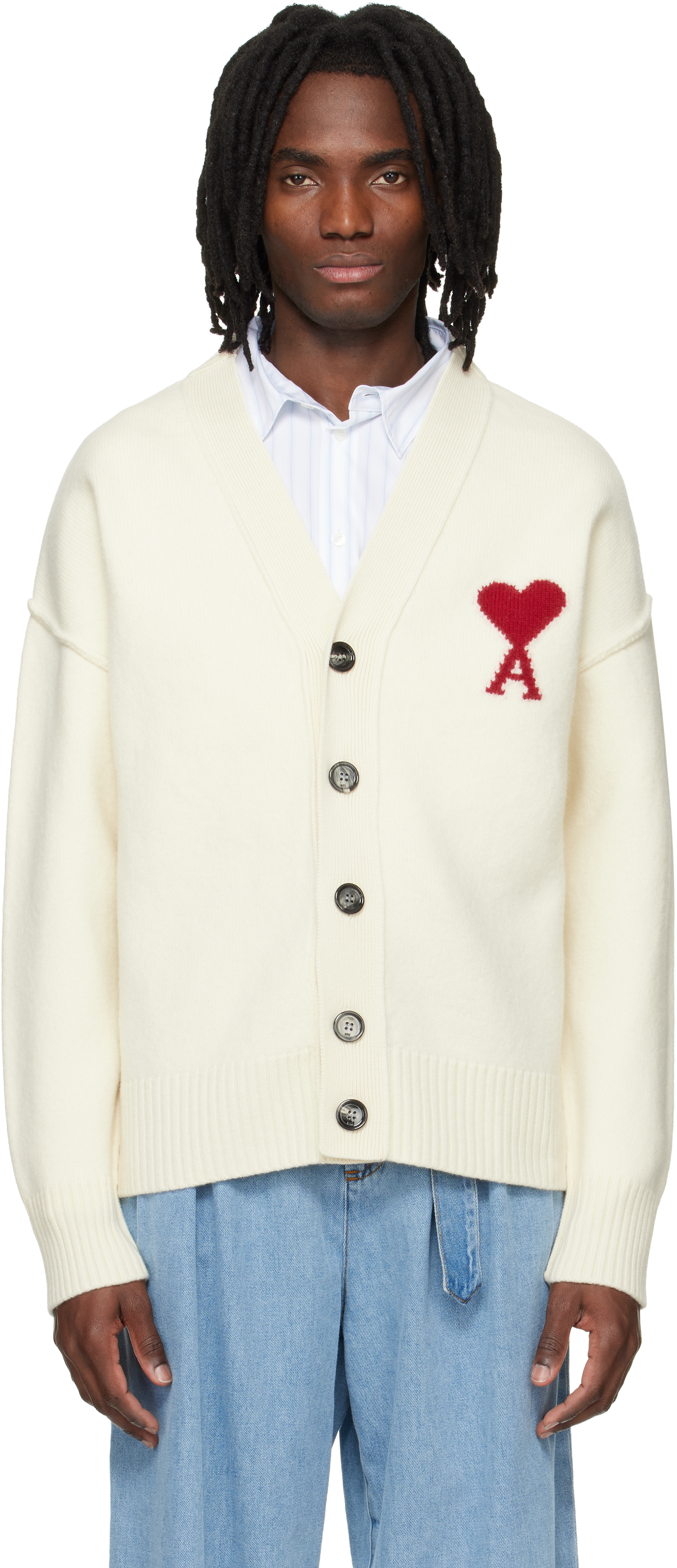 AMI Paris: Off-White Wool Contrasted Ami de Coeur Cardigan | SSENSE