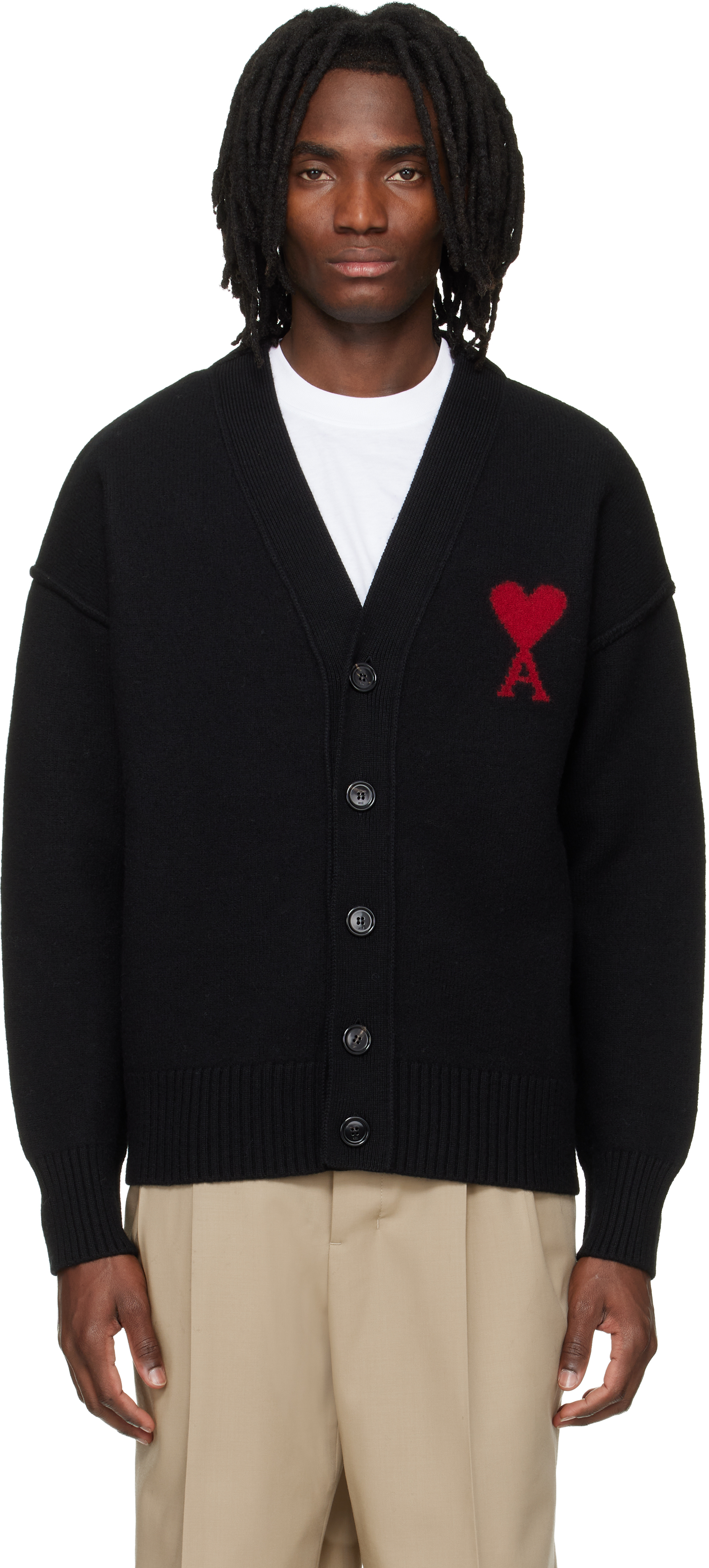 Black Wool Contrasted Ami de Coeur Cardigan