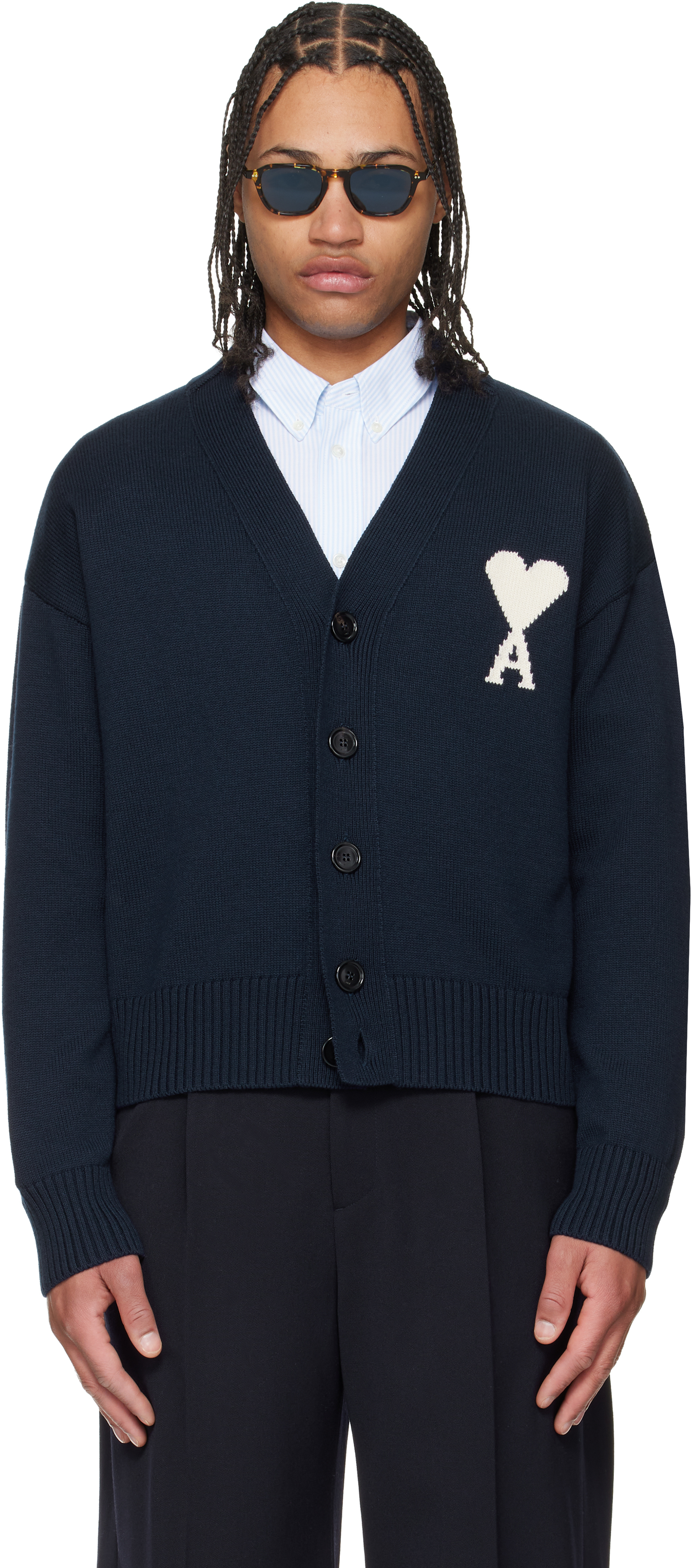 AMI Paris: ネイビー Ami de Coeur ウール カーディガン | SSENSE 日本