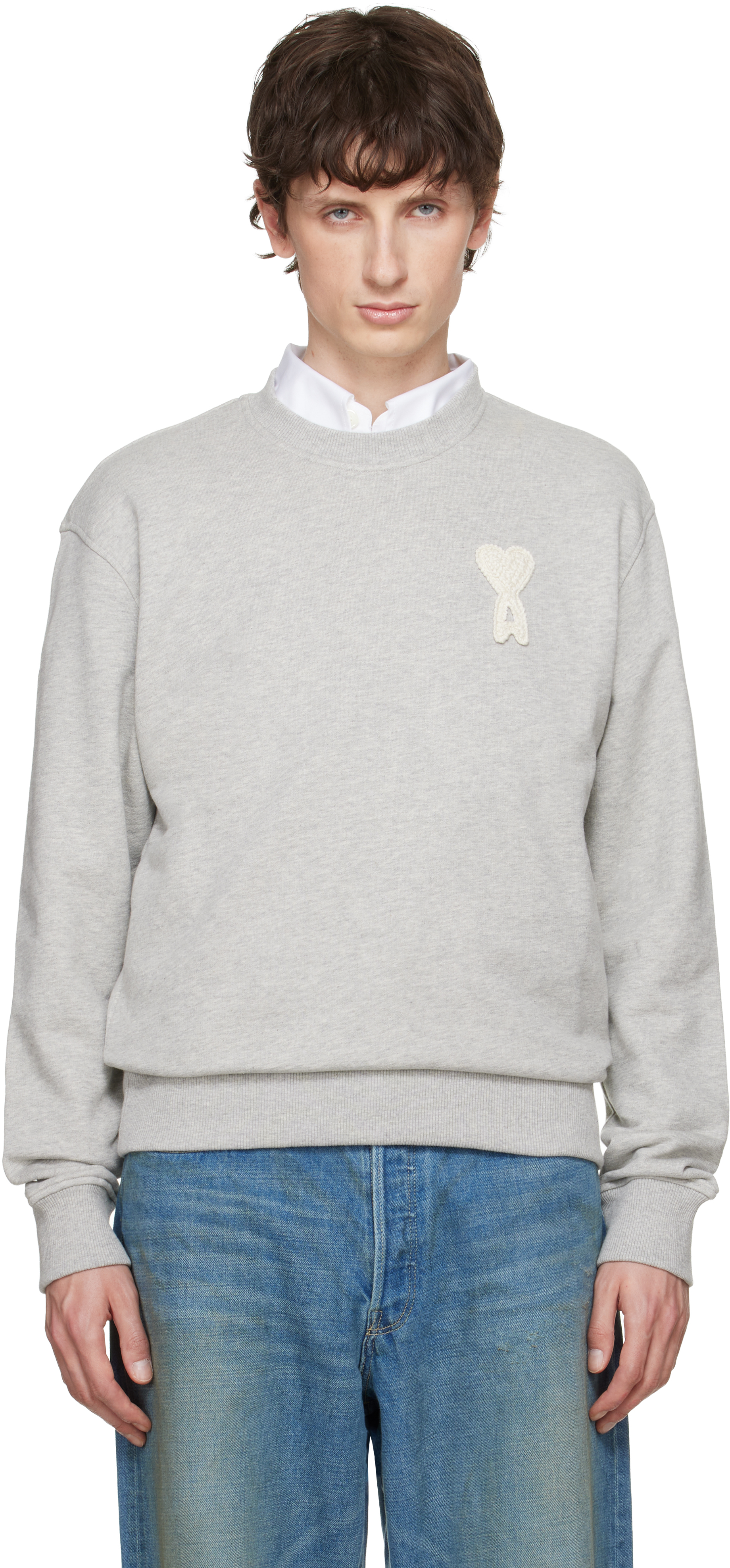 AMI Paris Gray Cotton Crochet 'Ami de Coeur' Sweatshirt