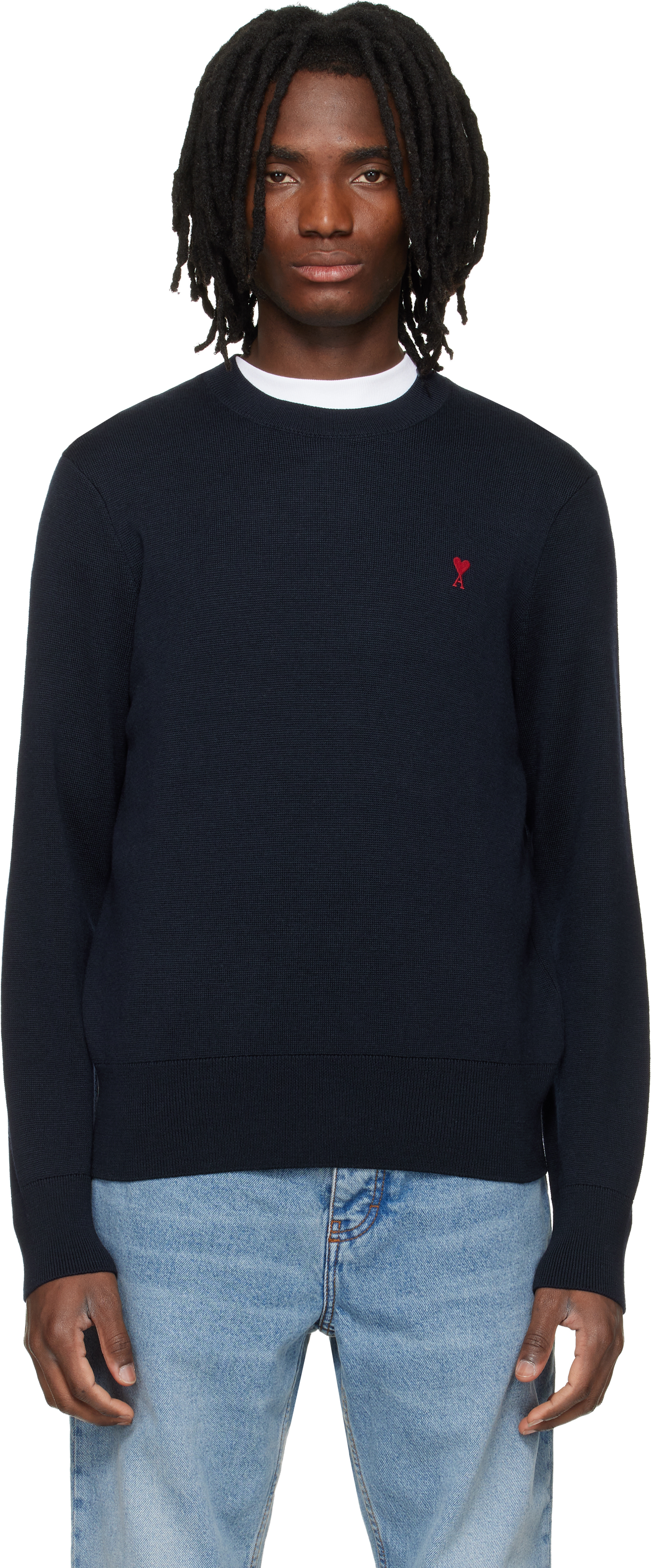 Navy Wool Contrasted Ami de Coeur Crewneck Sweater