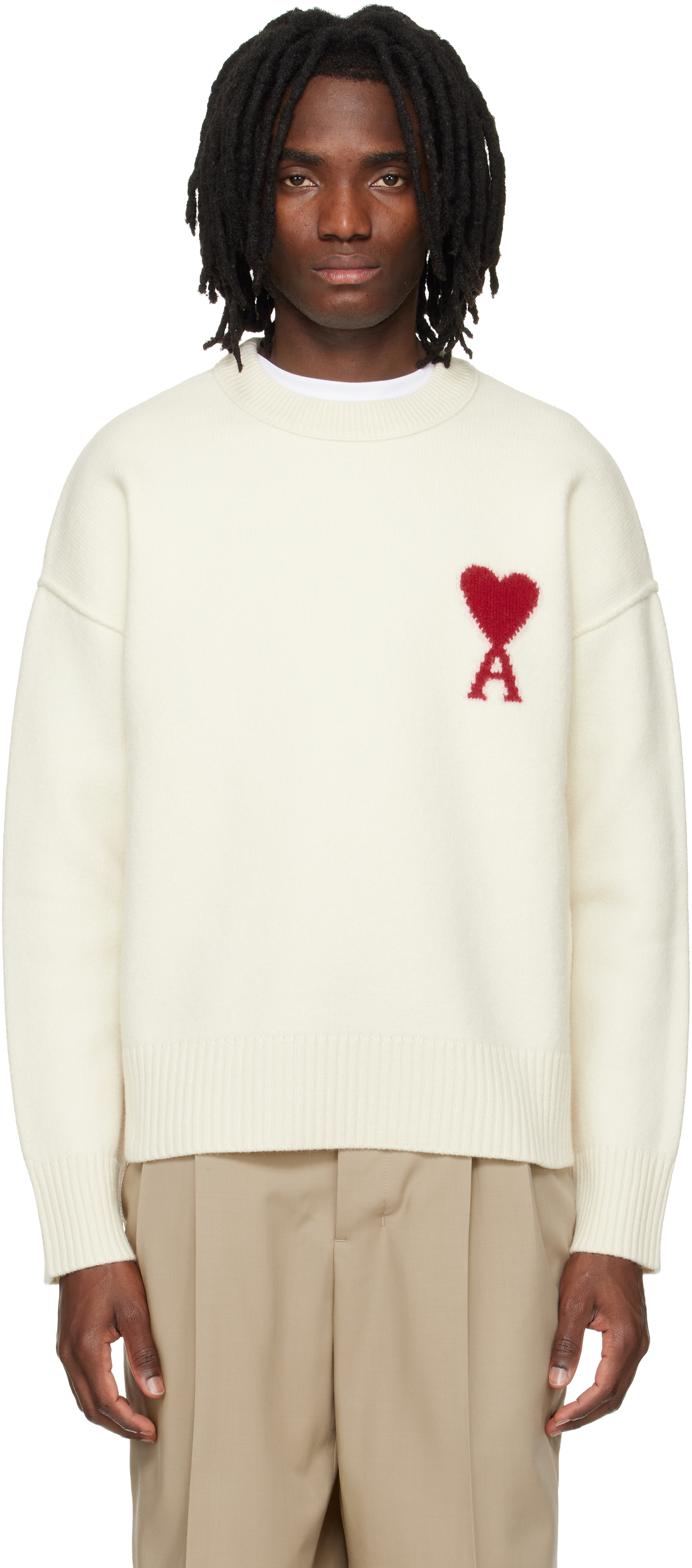 Off-White Wool Contrasted Ami de Coeur Crewneck Sweater