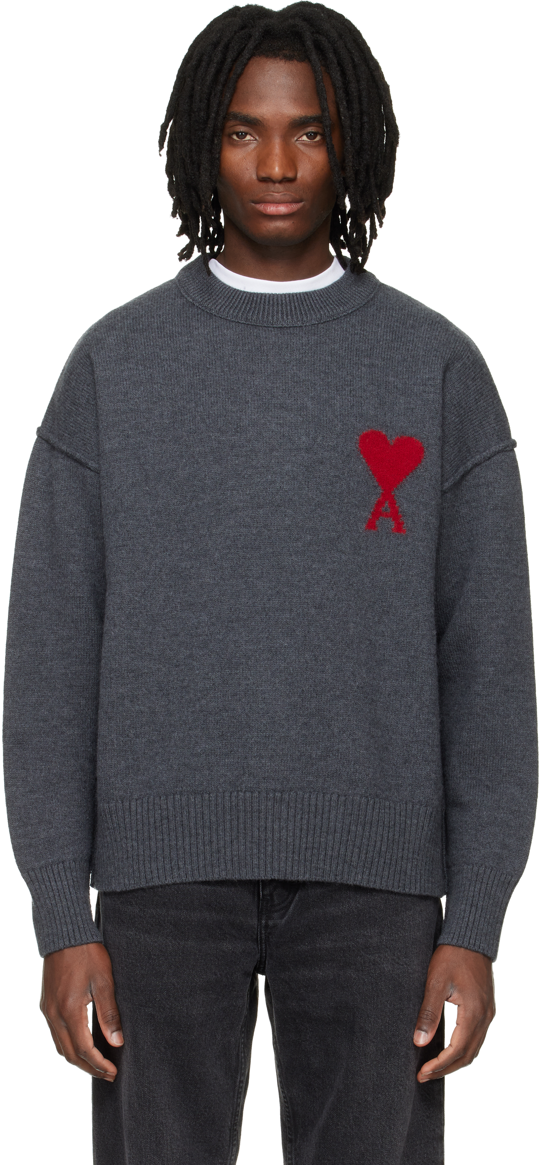 AMI Paris: Gray Wool Contrasted Ami de Coeur Crewneck Sweater