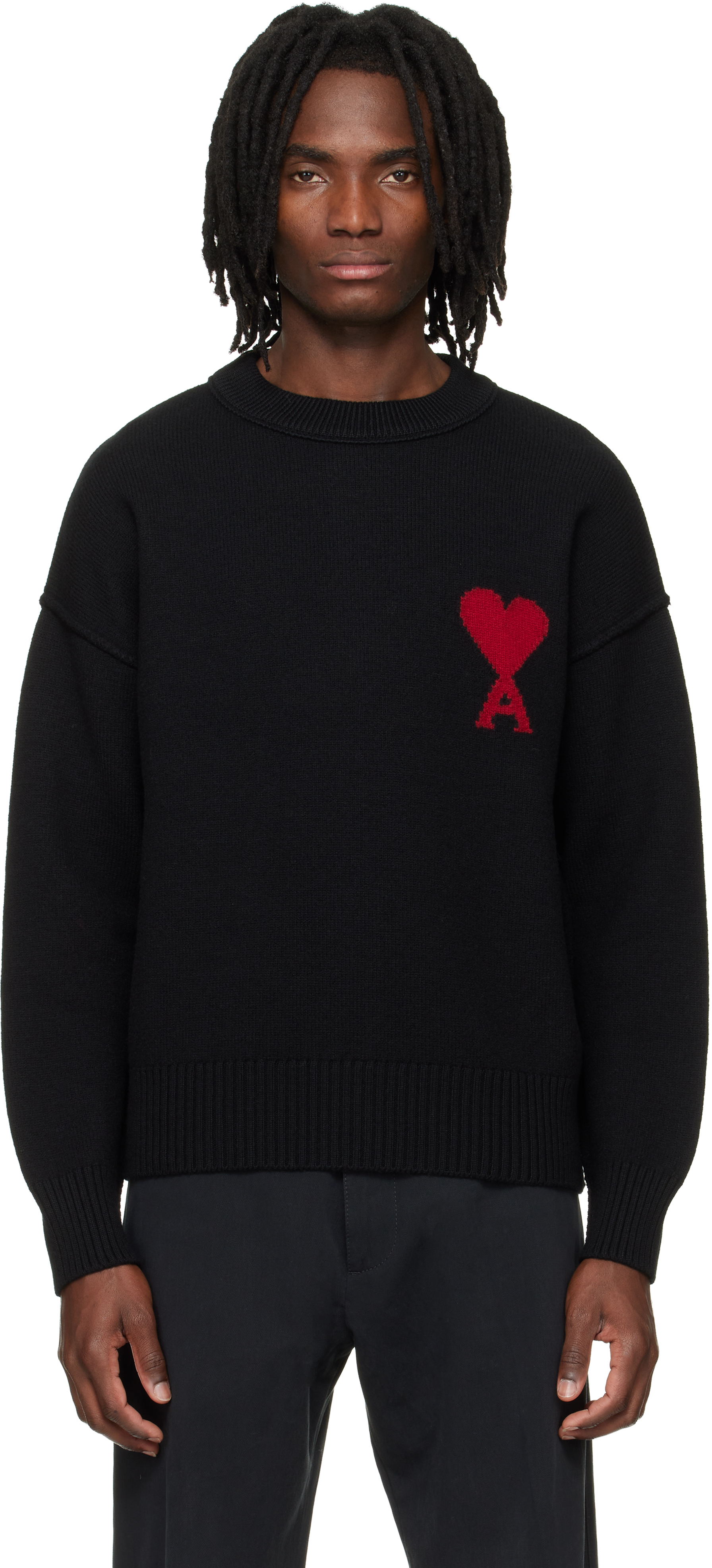 Black Wool Contrasted Ami de Coeur Crewneck Sweater