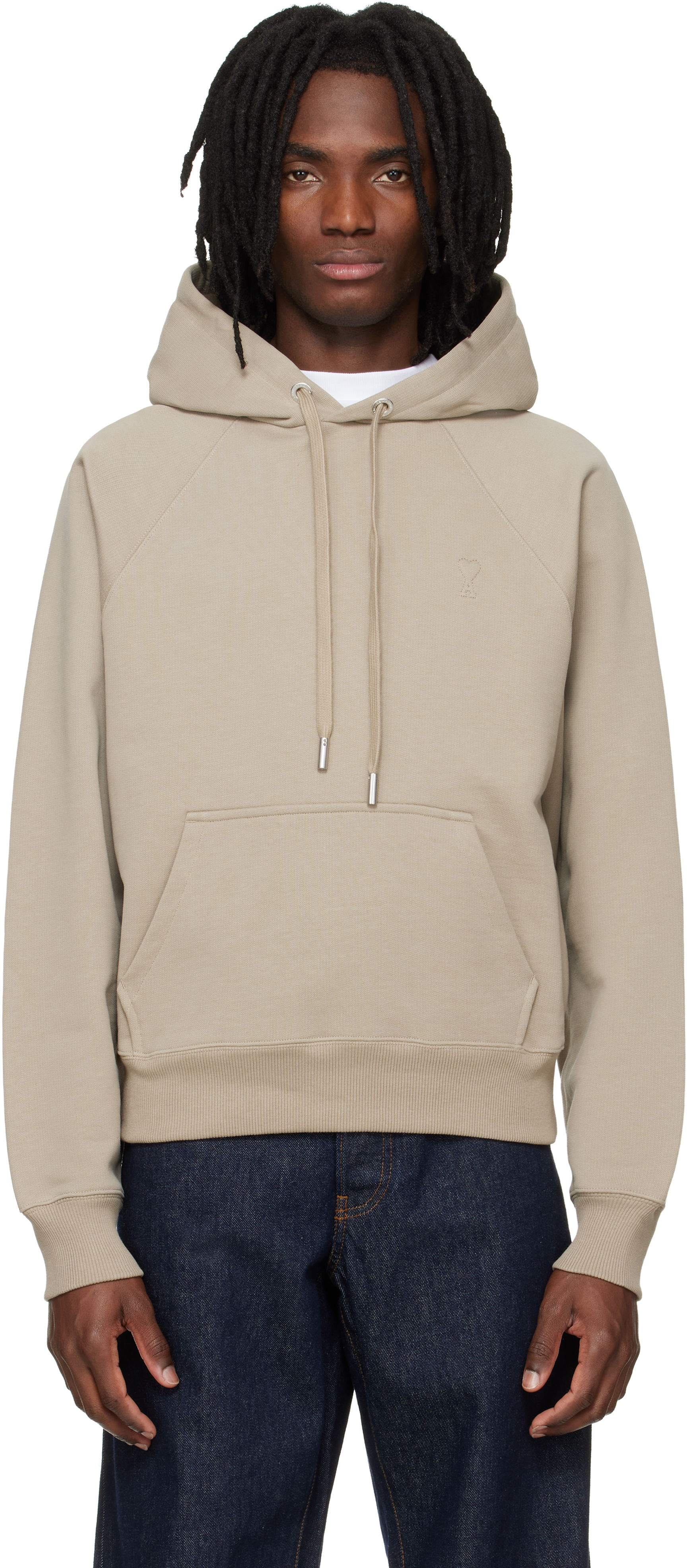 AMI Paris: Beige Cotton Embossed Ami de Coeur Hoodie | SSENSE