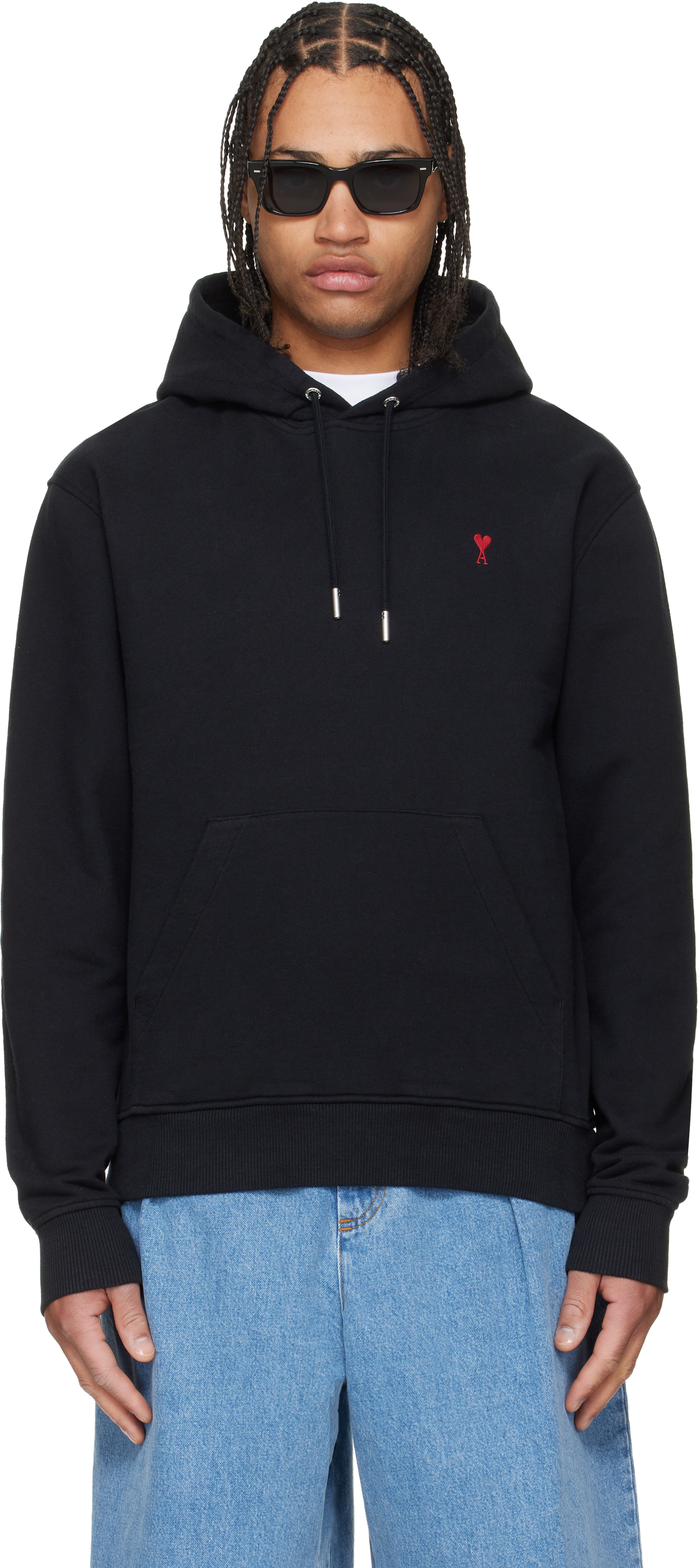 AMI Paris Black Cotton Red Ami de Coeur Hoodie