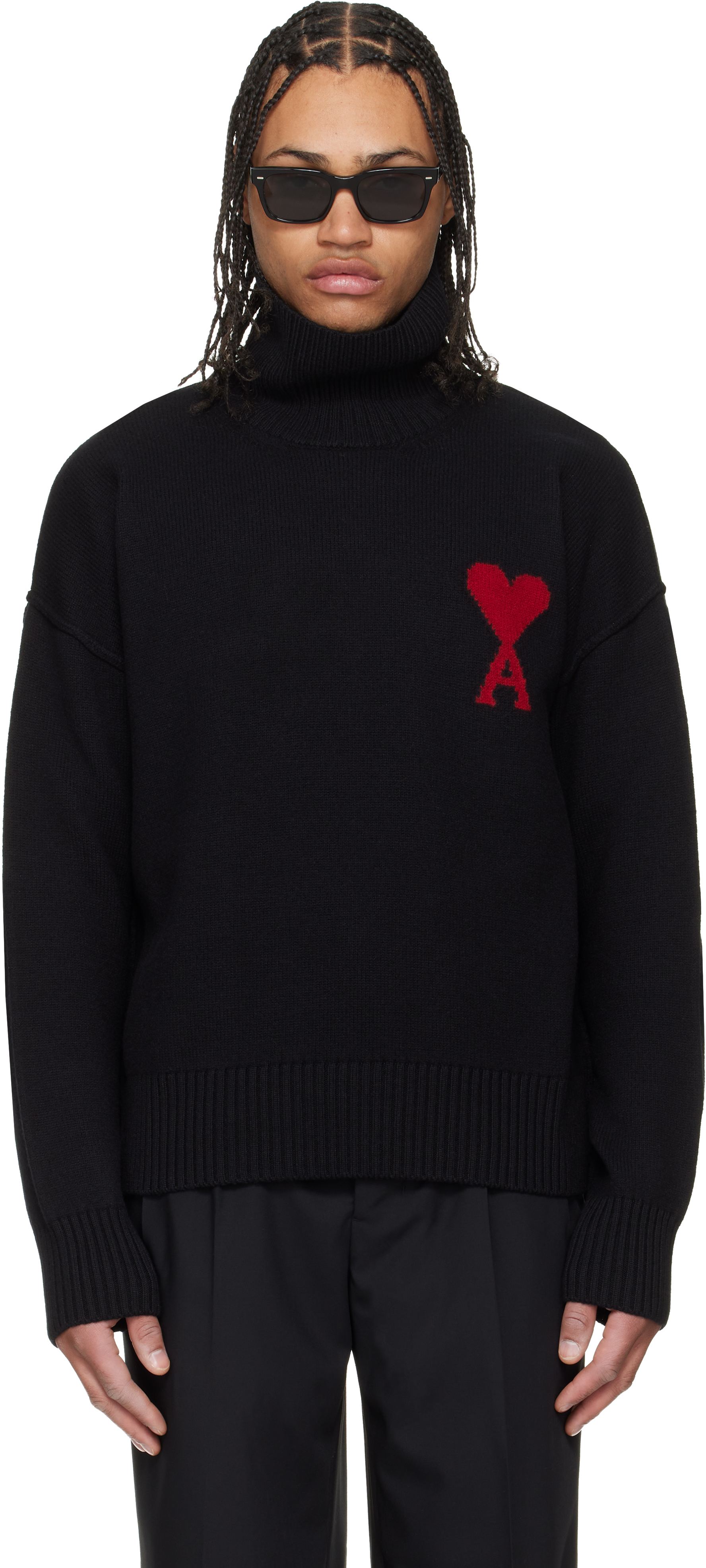 AMI Paris Black Contrasted Ami de Coeur Funnel Neck Sweater
