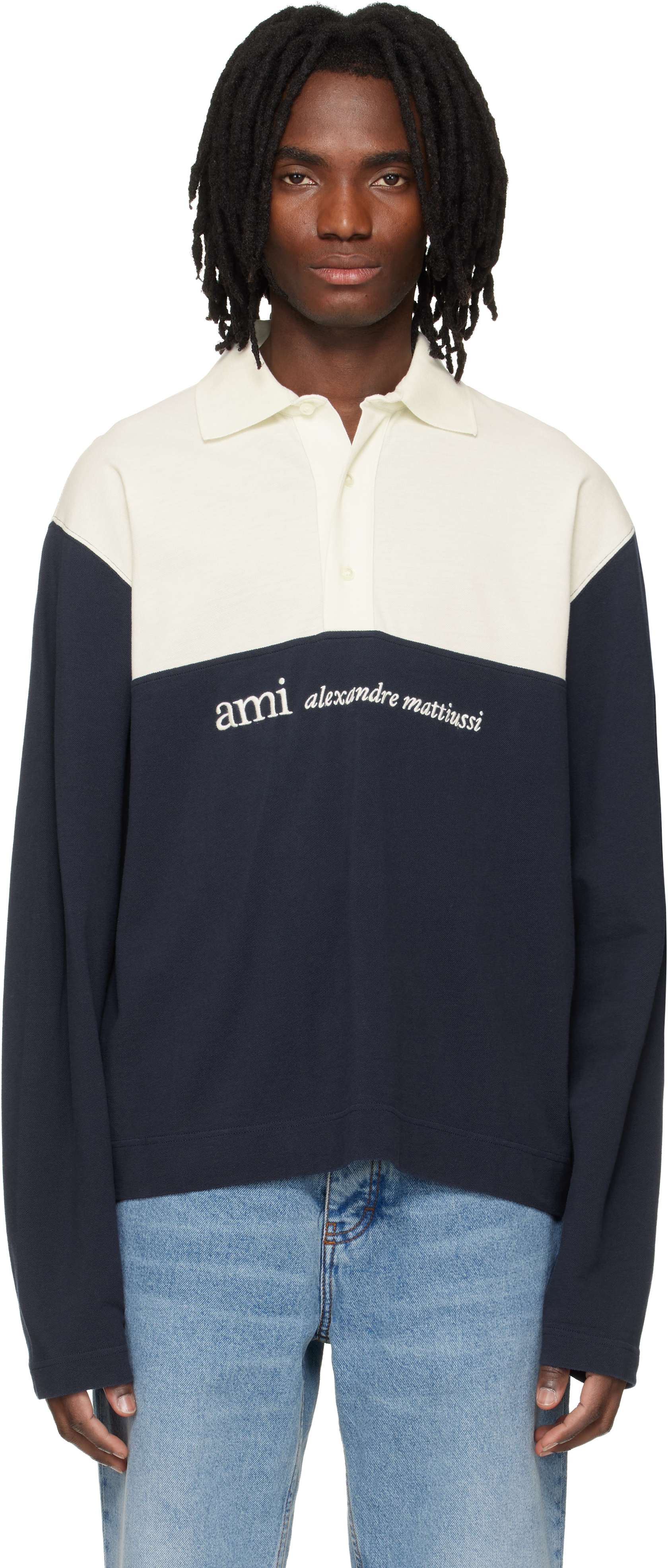 ◆ami9622◆ Off White & Navy Embroidery Boxy Fit Polo by AMI Paris on Sale
