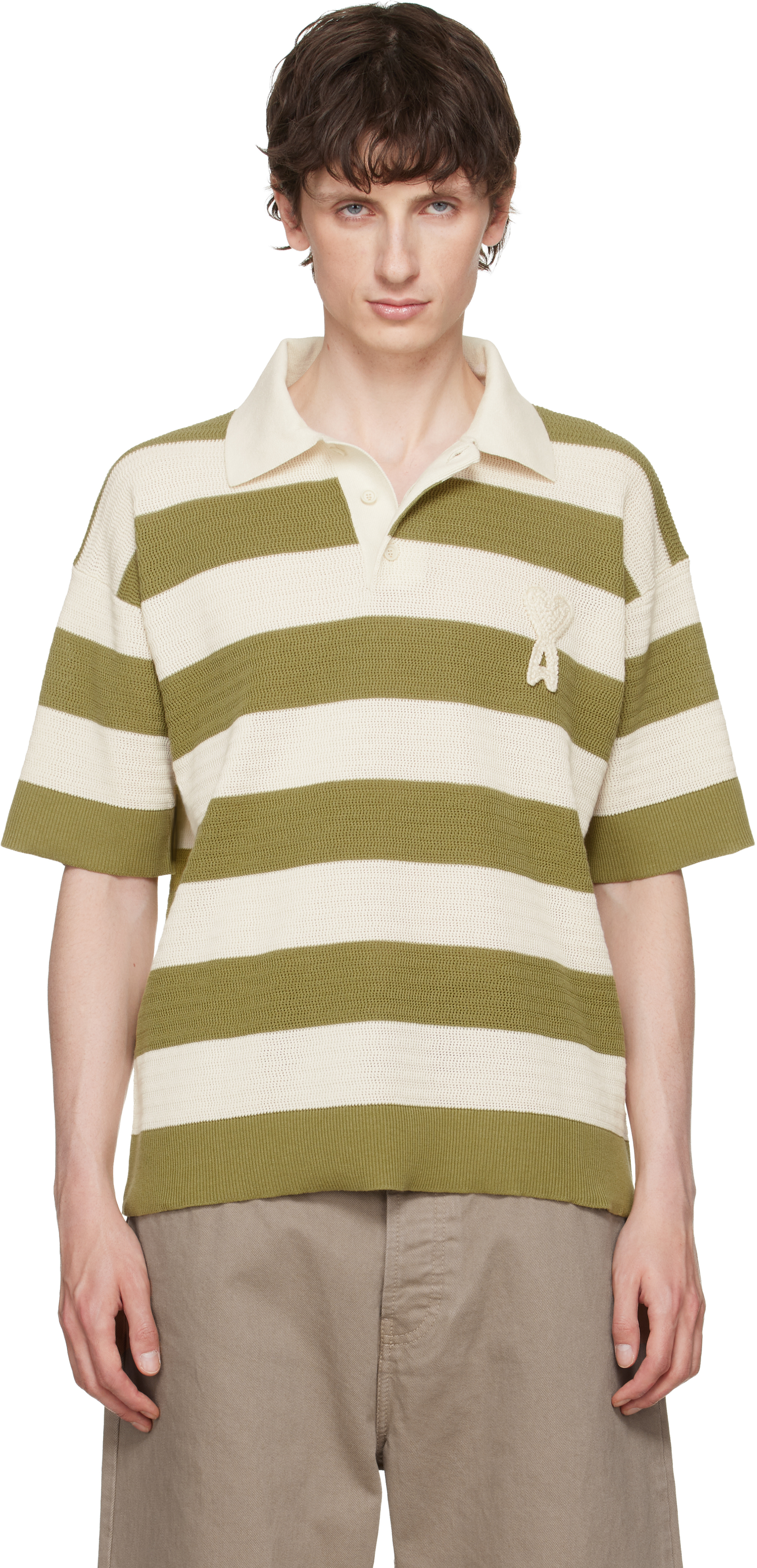 Off-White & Green Cotton 'Ami de Coeur' Polo