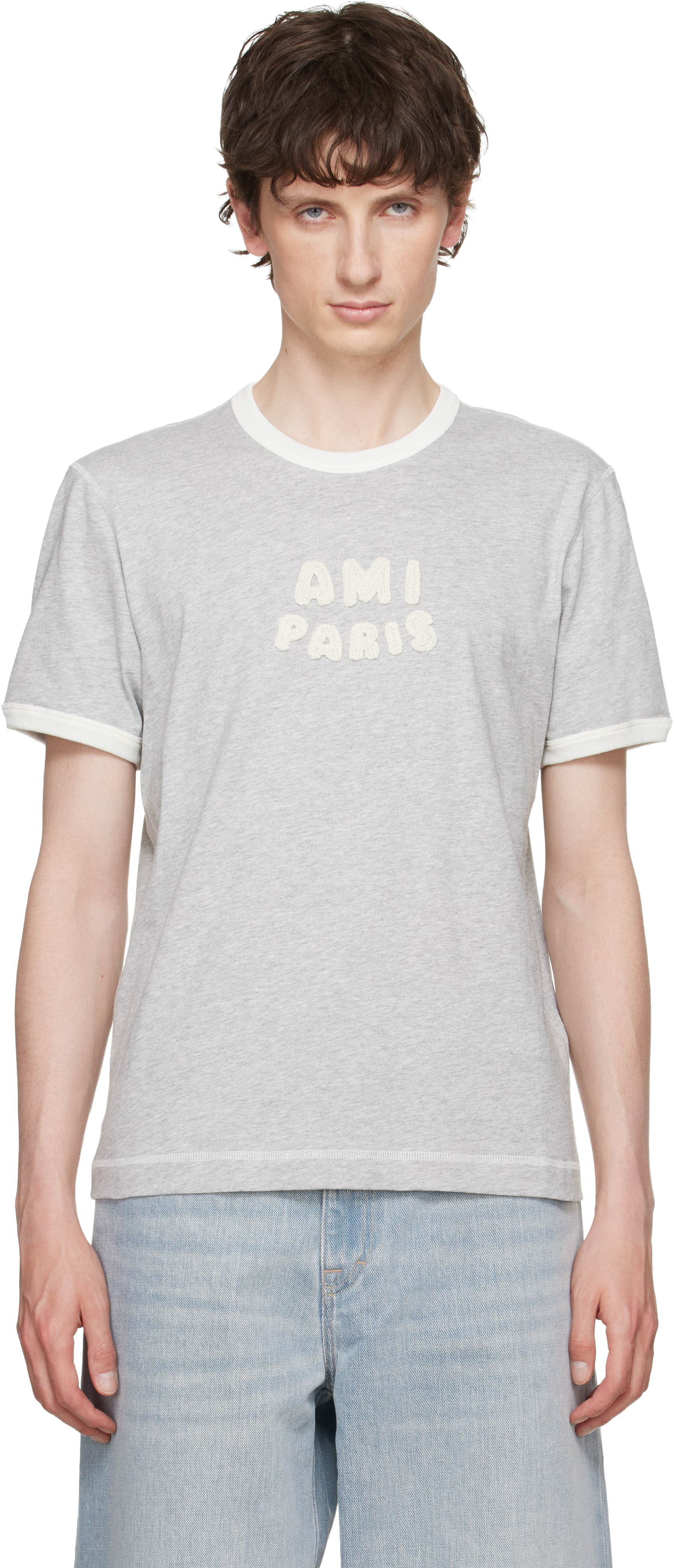 Gray Cotton 'Ami Paris' Knitted Patch T-shirt by AMI Paris on Sale