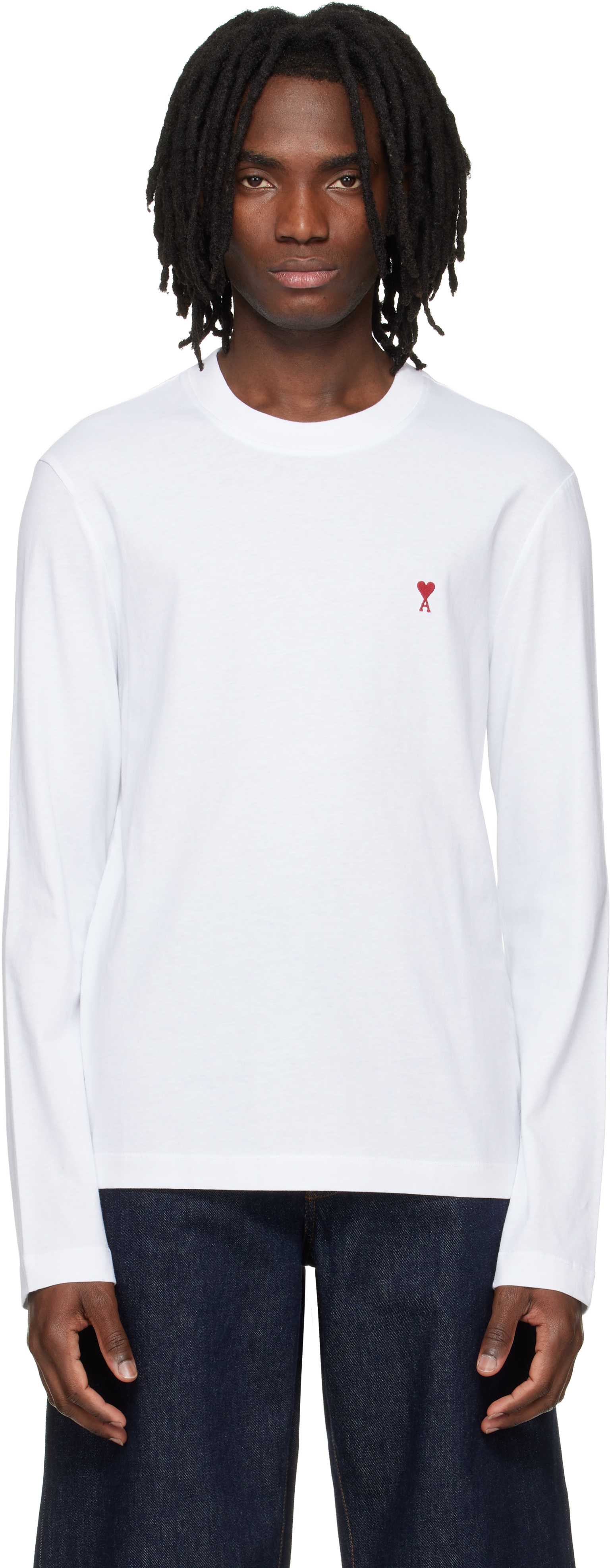 AMI Paris: White Cotton Red Ami de Coeur Longsleeves T-shirt | SSENSE