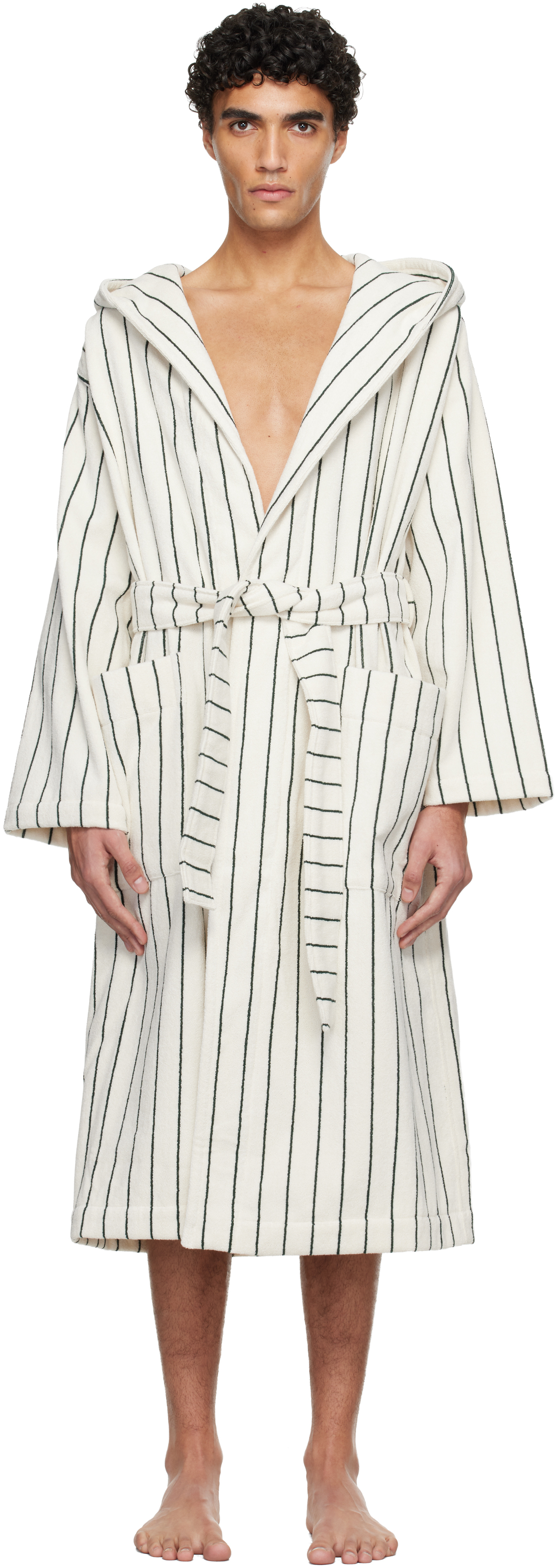 Tekla: ホワイト＆グリーン Terry Hooded バスローブ | SSENSE 日本