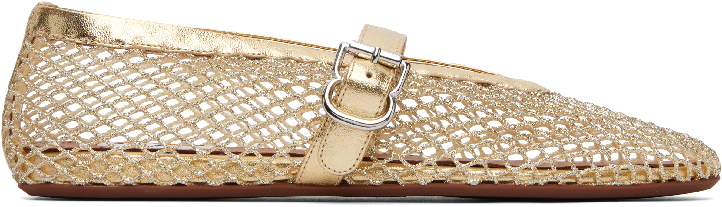ALAÏA Gold Laminated Fishnet Ballerina Flats