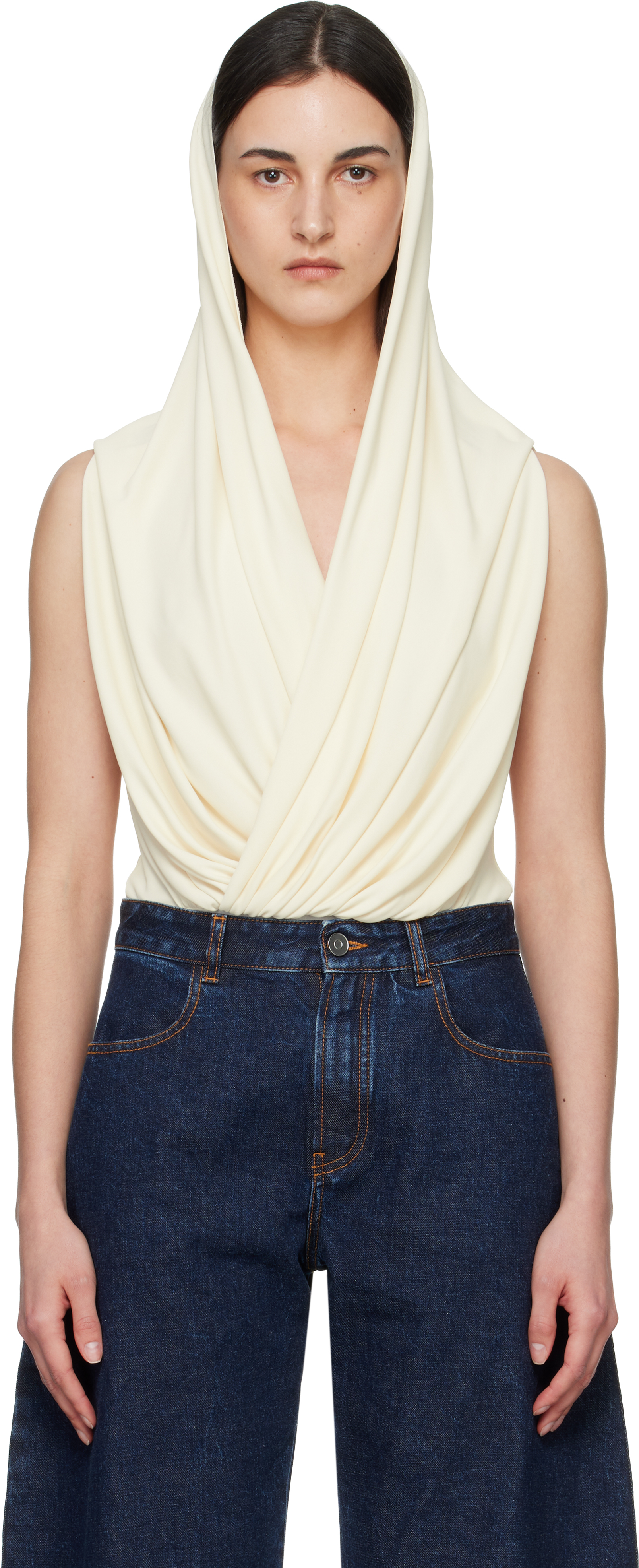 ALAÏA Off-White Hooded Viscose Bodysuit