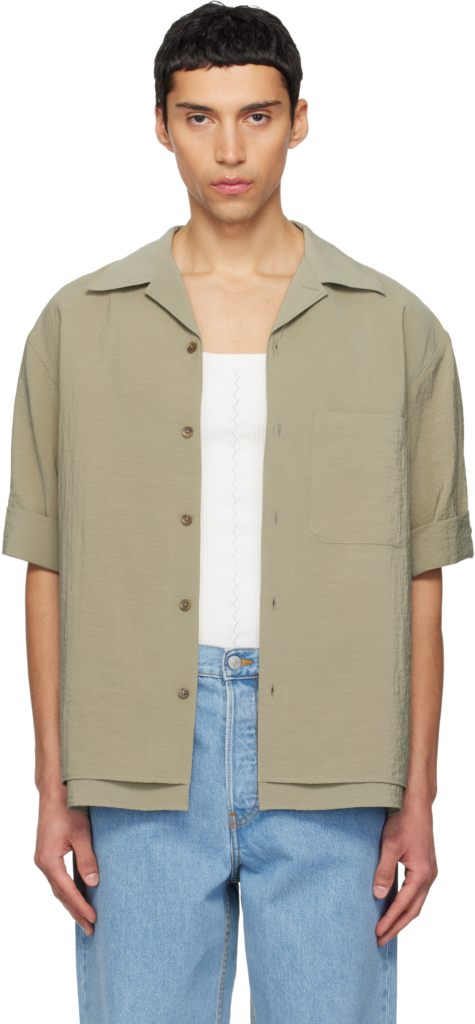 Khaki Double-Layered Open Collar Shirt by LE17SEPTEMBRE on Sale