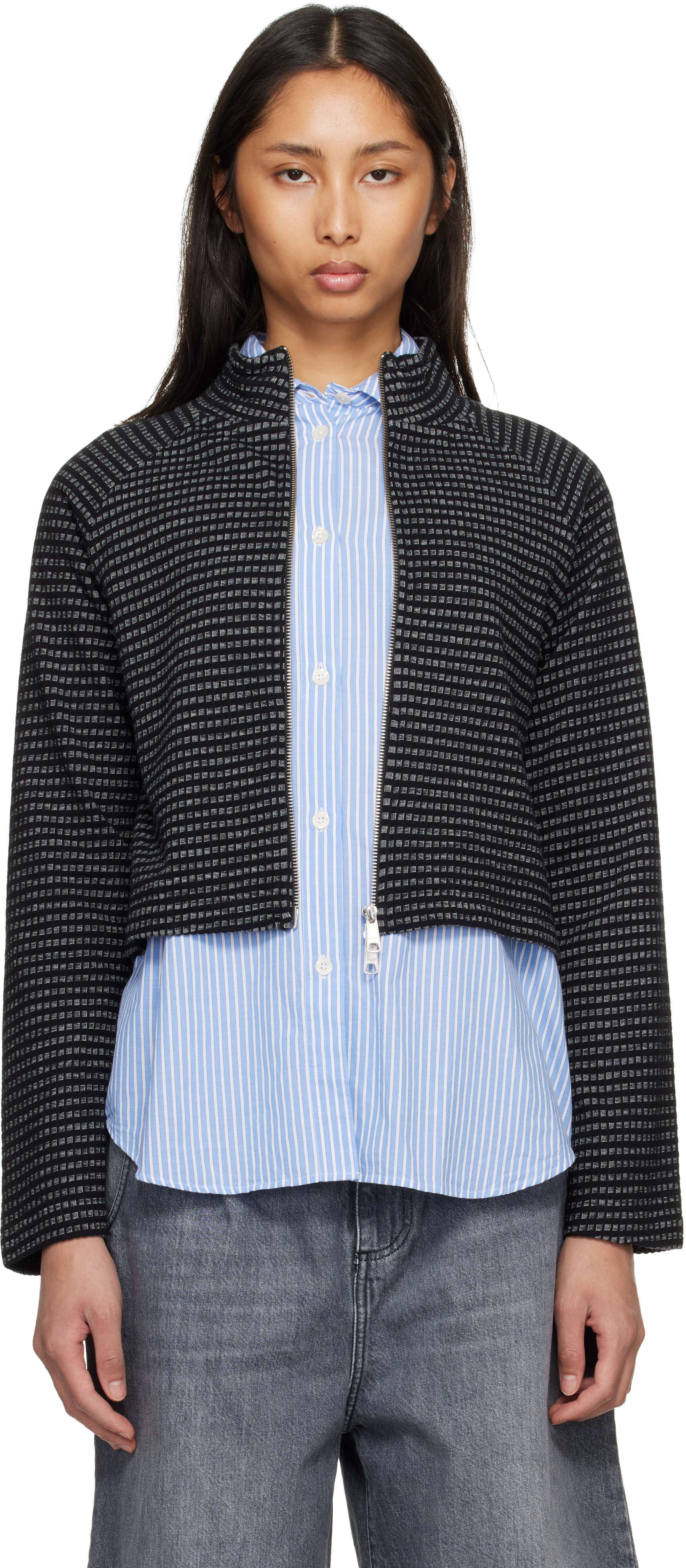 MFEPEN ブラック ウープン ジップアップ S mfpen: Black Cropped Leisure Zip Up Sweater | SSENSE