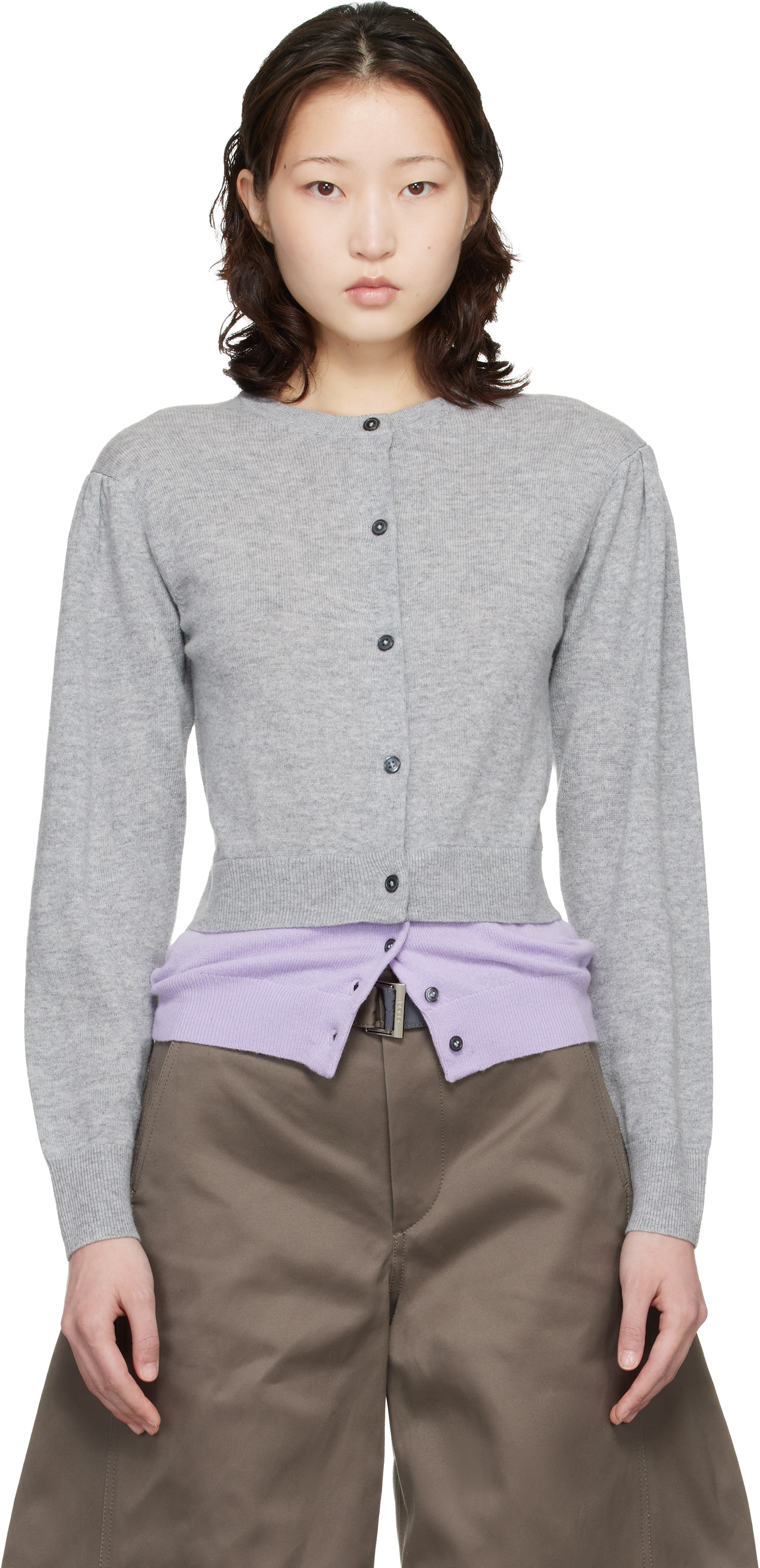 Meryll Rogge: Gray & Purple Crew Neck Double Cardigan | SSENSE