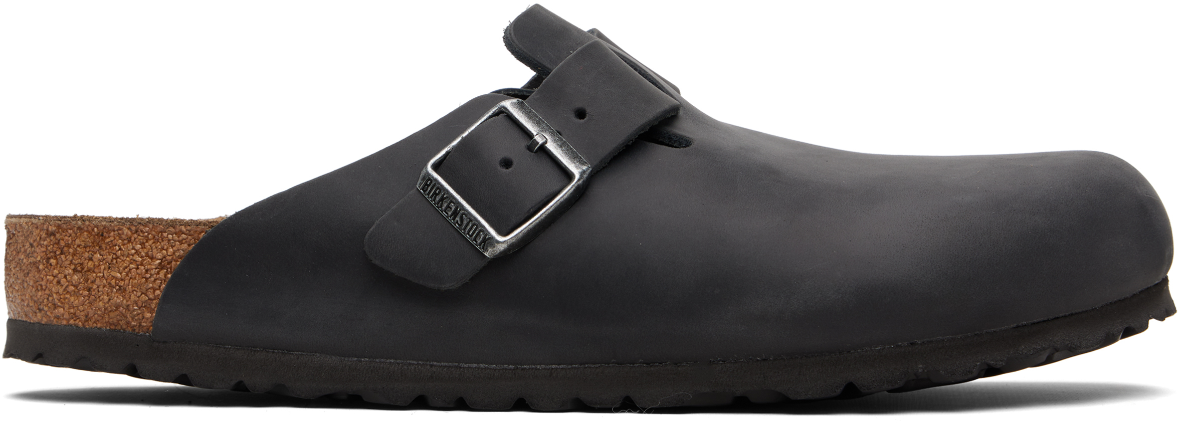 Birkenstock: ブラック Boston Oiled Leather レギュラー クロッグ