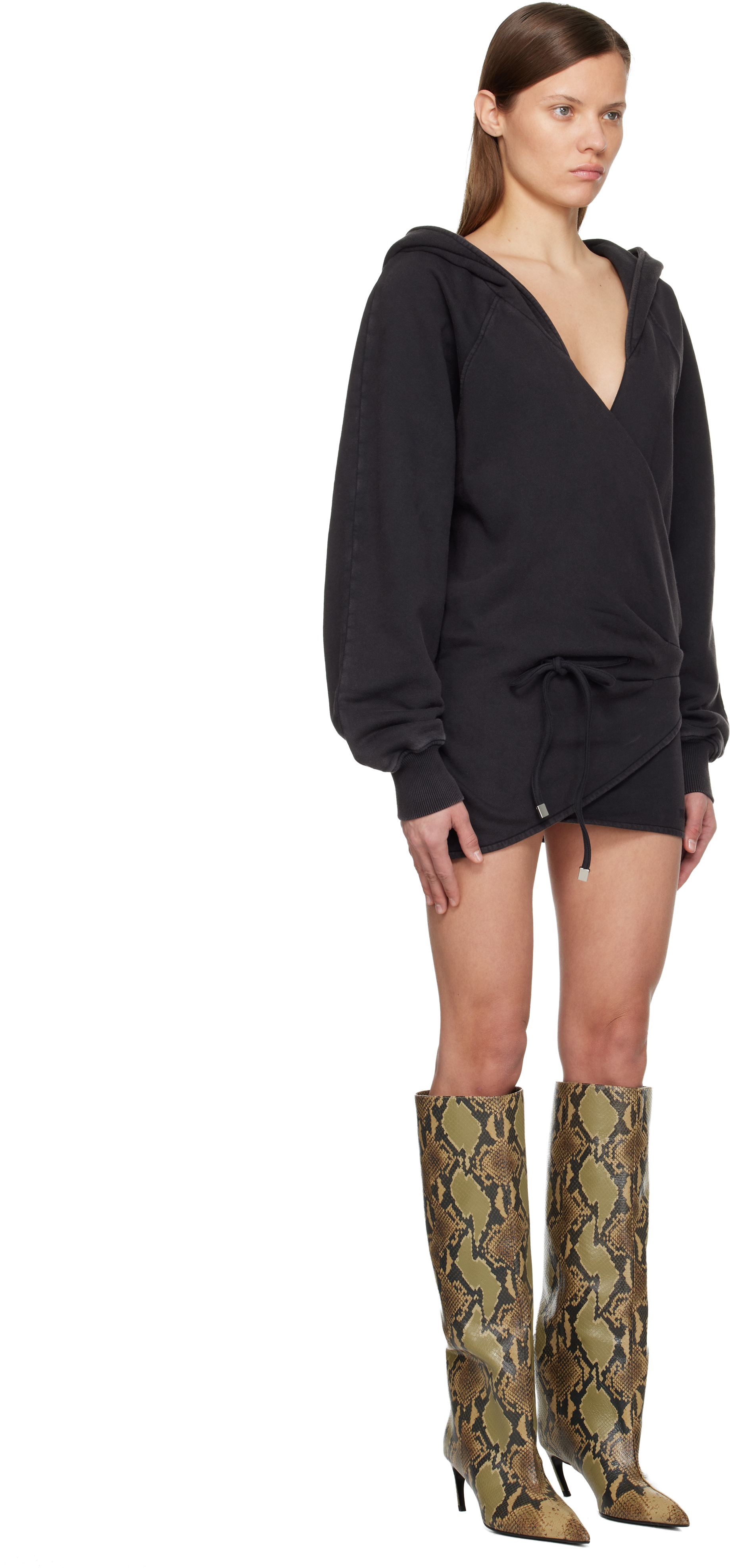 Attico Hooded Wrap Dress Long Sleeves Drawstring In Black