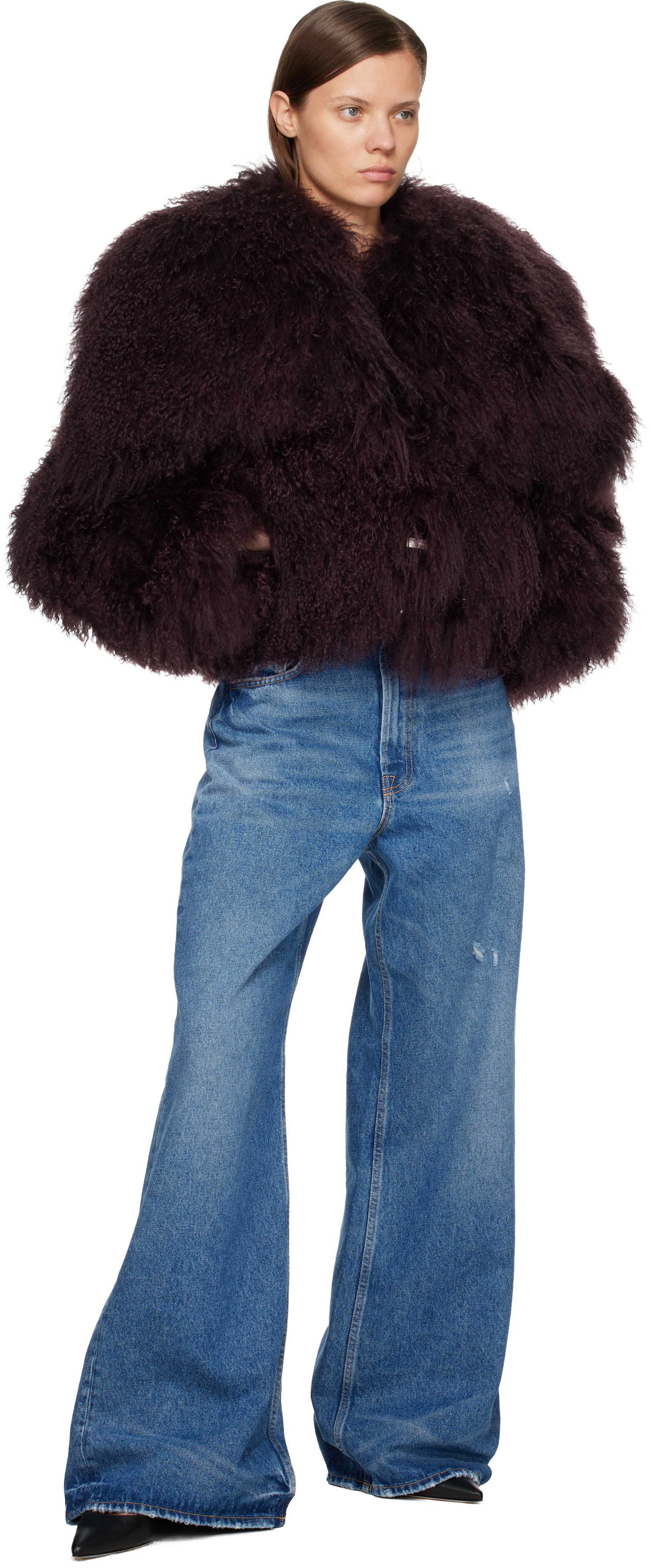 Attico Burgundy Shearling Bomber Jacket